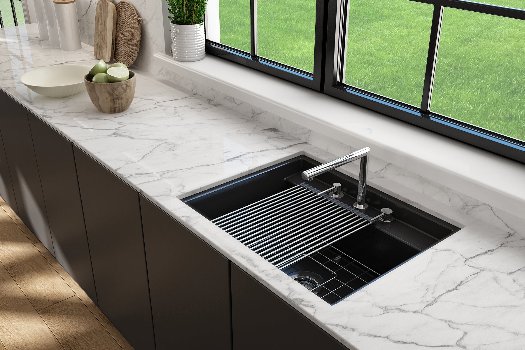 BOCCHI Baveno Uno 27" Dual Mount Fireclay Workstation Kitchen Sink Kit with Accessories, Matte Black, 1633-004-0127