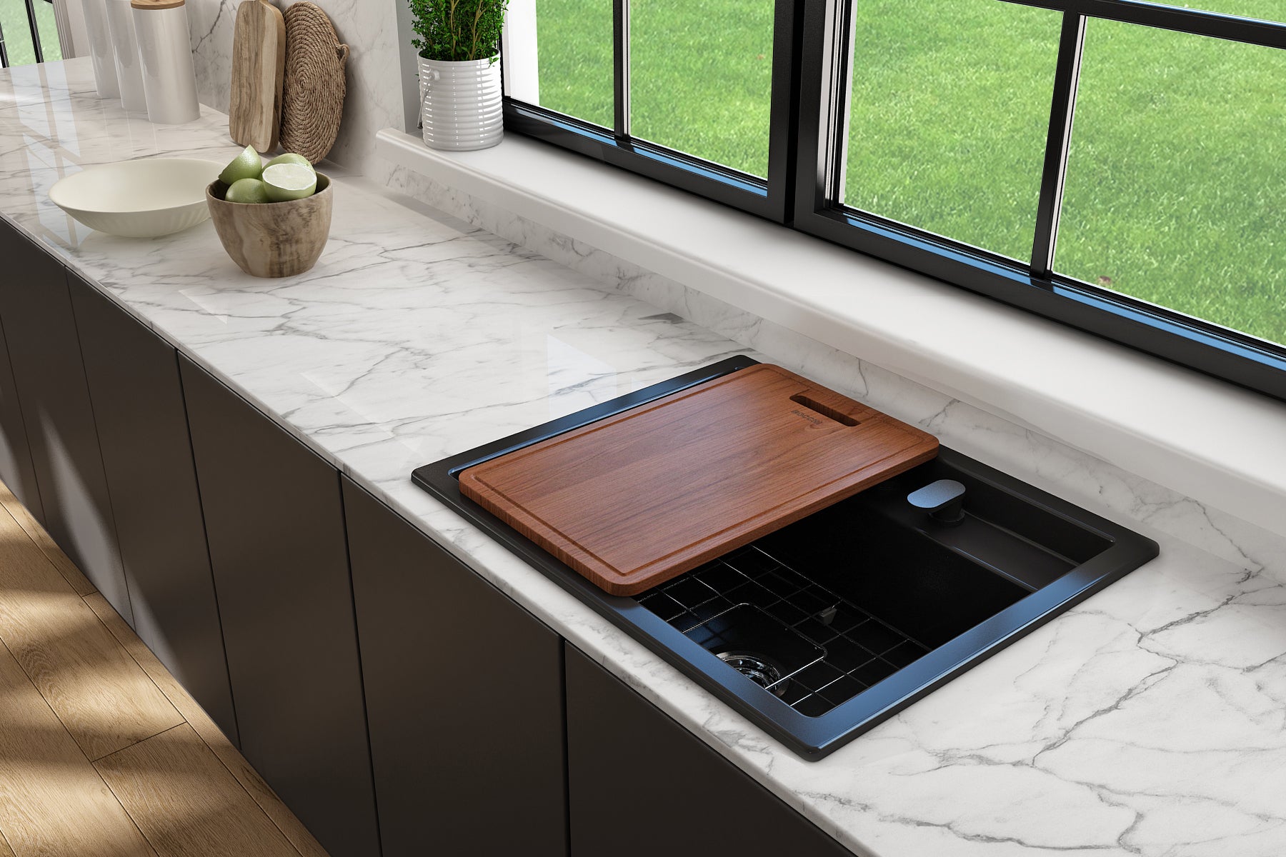 BOCCHI Baveno Uno 27" Dual Mount Fireclay Workstation Kitchen Sink Kit with Accessories, Matte Black, 1633-004-0132