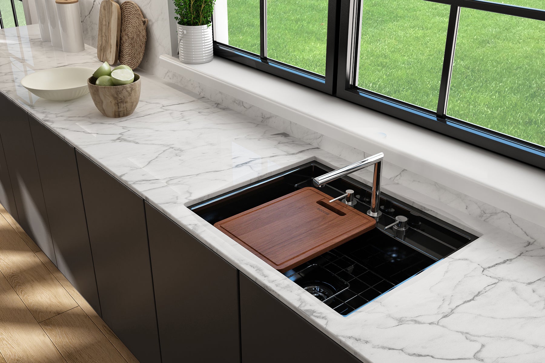 BOCCHI Baveno Uno 27" Dual Mount Fireclay Workstation Kitchen Sink Kit with Accessories, Black, 1633-005-0127
