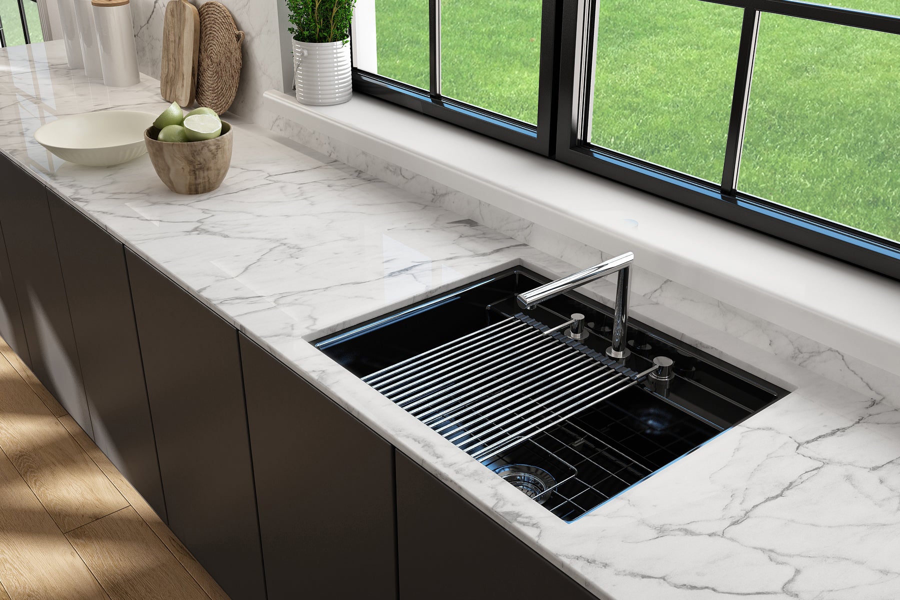 BOCCHI Baveno Uno 27" Dual Mount Fireclay Workstation Kitchen Sink Kit with Accessories, Black, 1633-005-0127