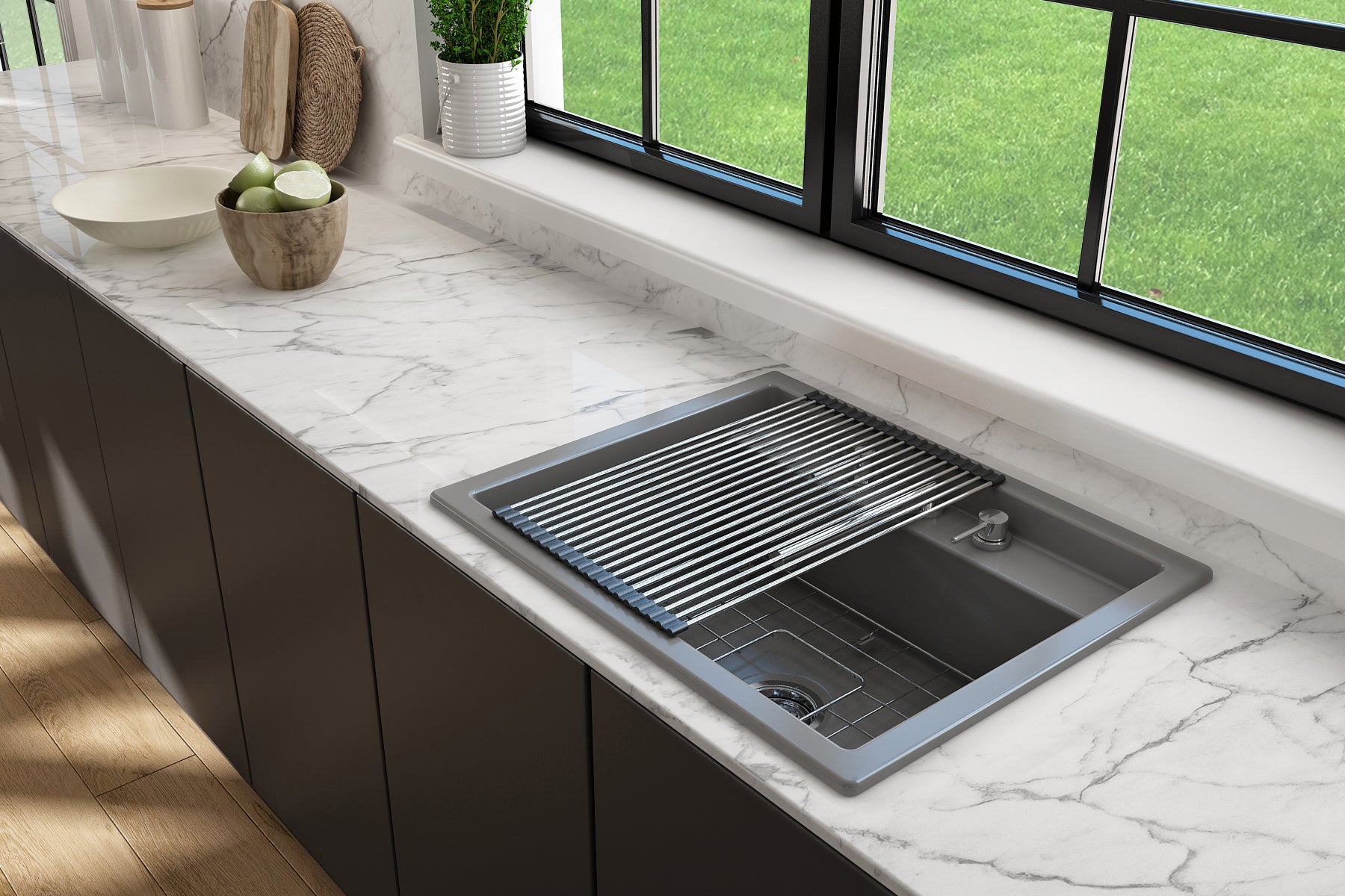BOCCHI Baveno Uno 27" Dual Mount Fireclay Workstation Kitchen Sink Kit with Accessories, Matte Gray, 1633-006-0127