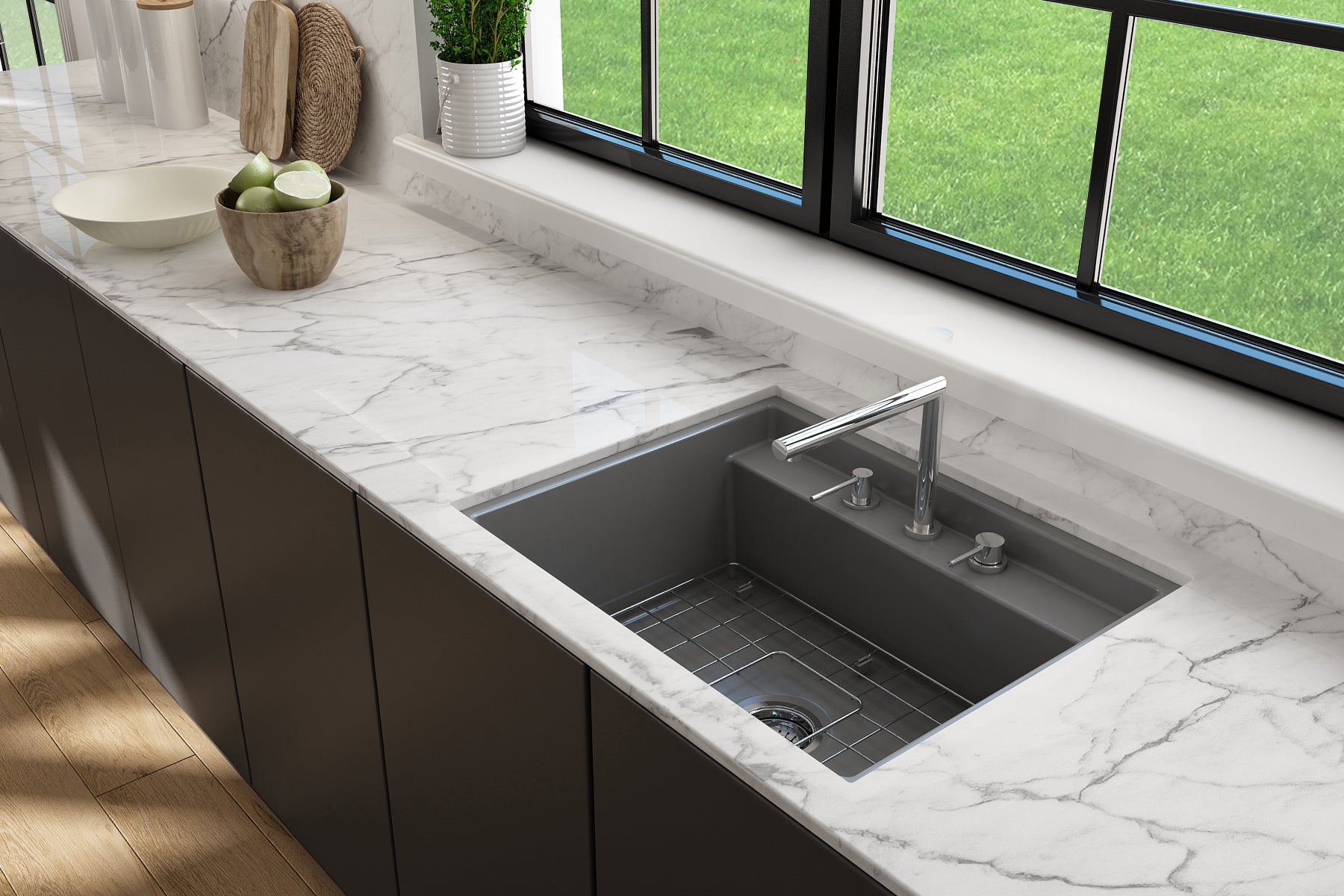 BOCCHI Baveno Uno 27" Dual Mount Fireclay Workstation Kitchen Sink Kit with Accessories, Matte Gray, 1633-006-0127