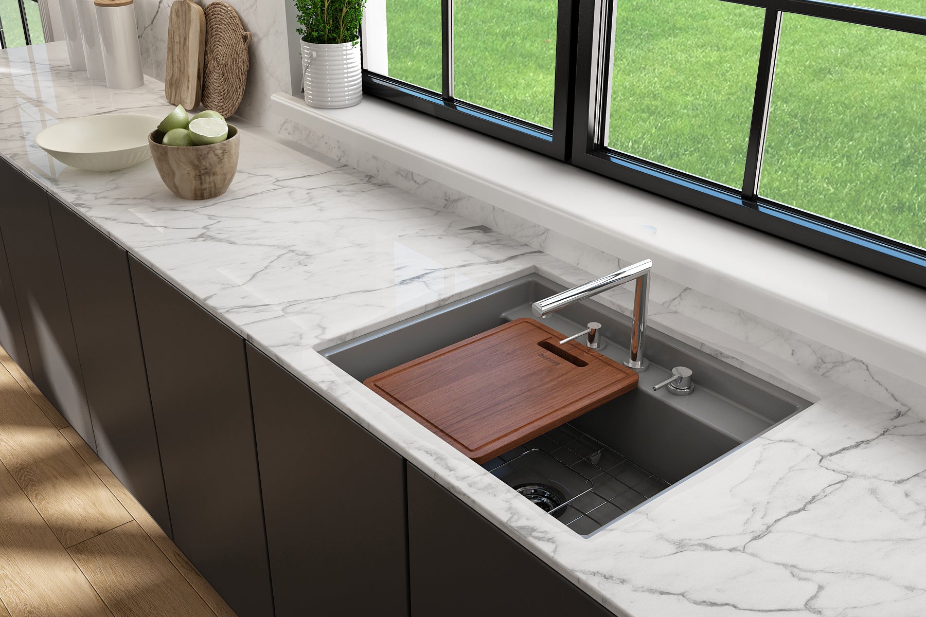 BOCCHI Baveno Uno 27" Dual Mount Fireclay Workstation Kitchen Sink Kit with Accessories, Matte Gray, 1633-006-0127