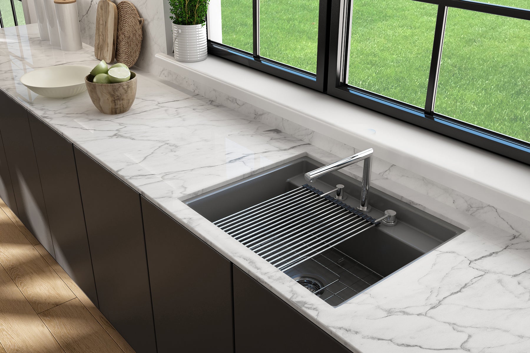 BOCCHI Baveno Uno 27" Dual Mount Fireclay Workstation Kitchen Sink Kit with Accessories, Matte Gray, 1633-006-0127