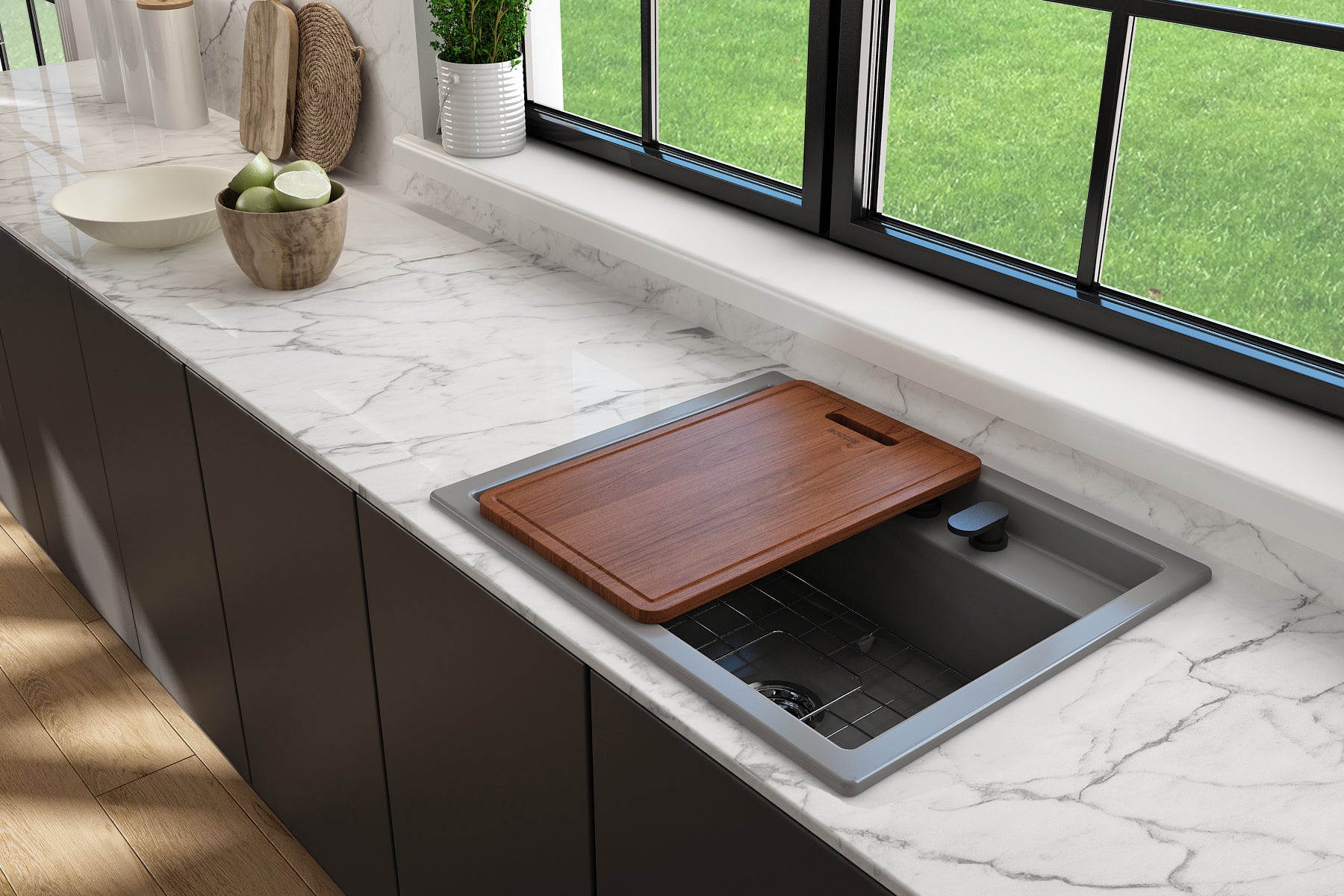 BOCCHI Baveno Uno 27" Dual Mount Fireclay Workstation Kitchen Sink Kit with Accessories, Matte Gray, 1633-006-0132