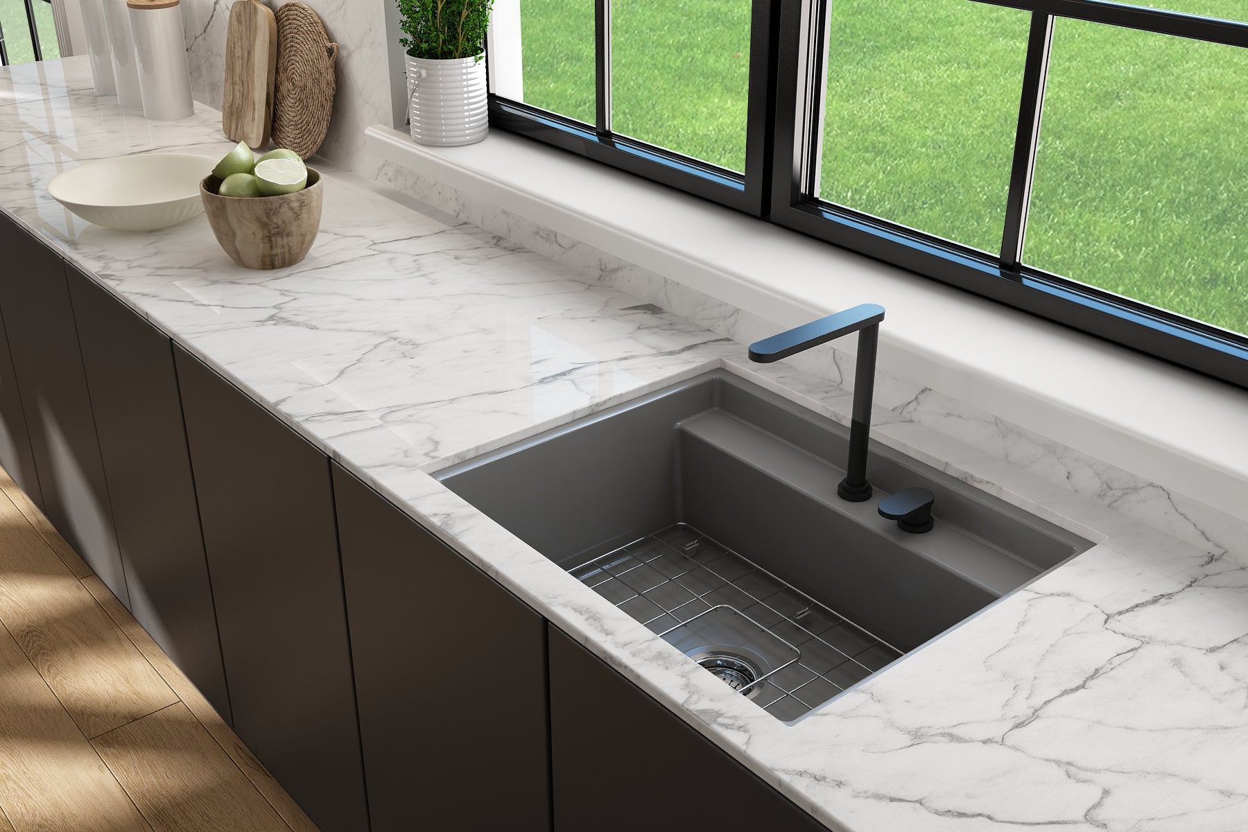 BOCCHI Baveno Uno 27" Dual Mount Fireclay Workstation Kitchen Sink Kit with Accessories, Matte Gray, 1633-006-0132