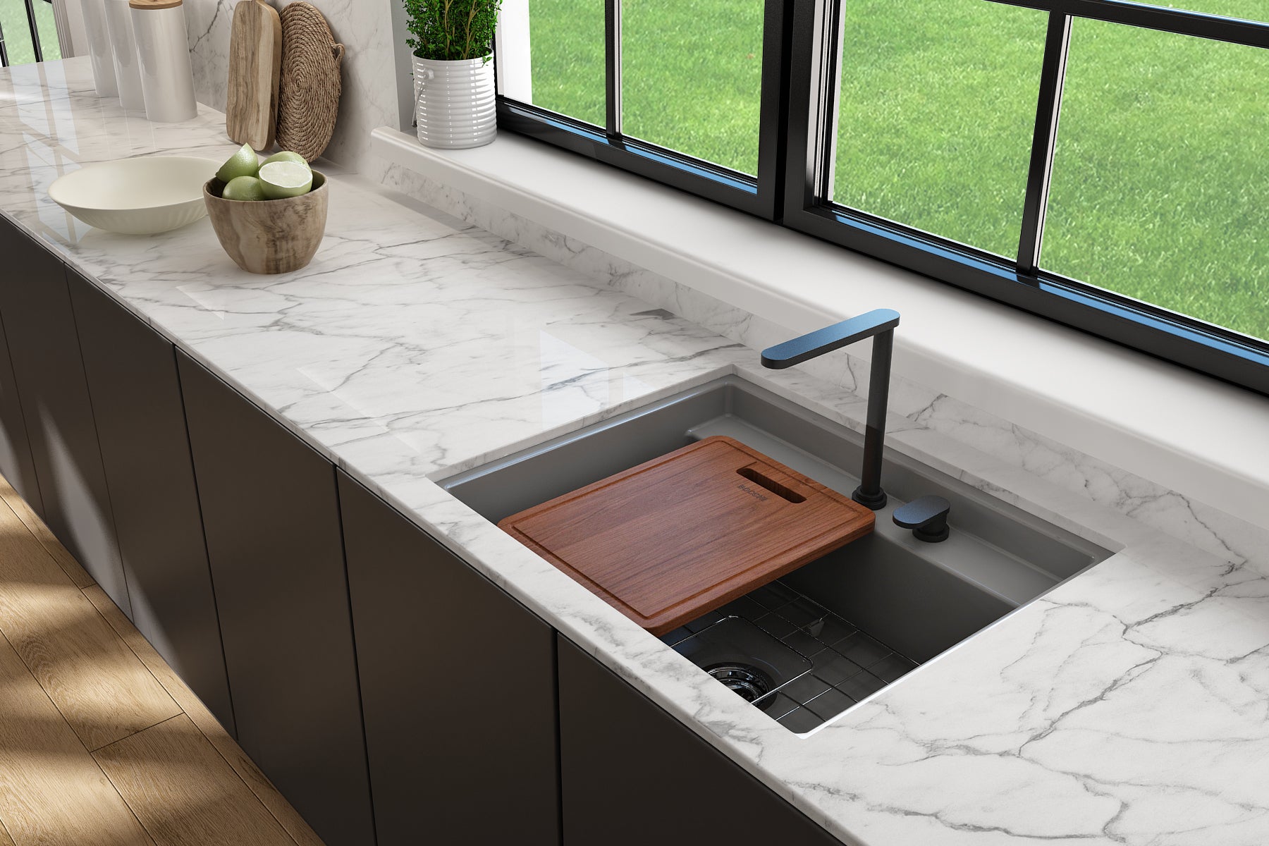 BOCCHI Baveno Uno 27" Dual Mount Fireclay Workstation Kitchen Sink Kit with Accessories, Matte Gray, 1633-006-0132