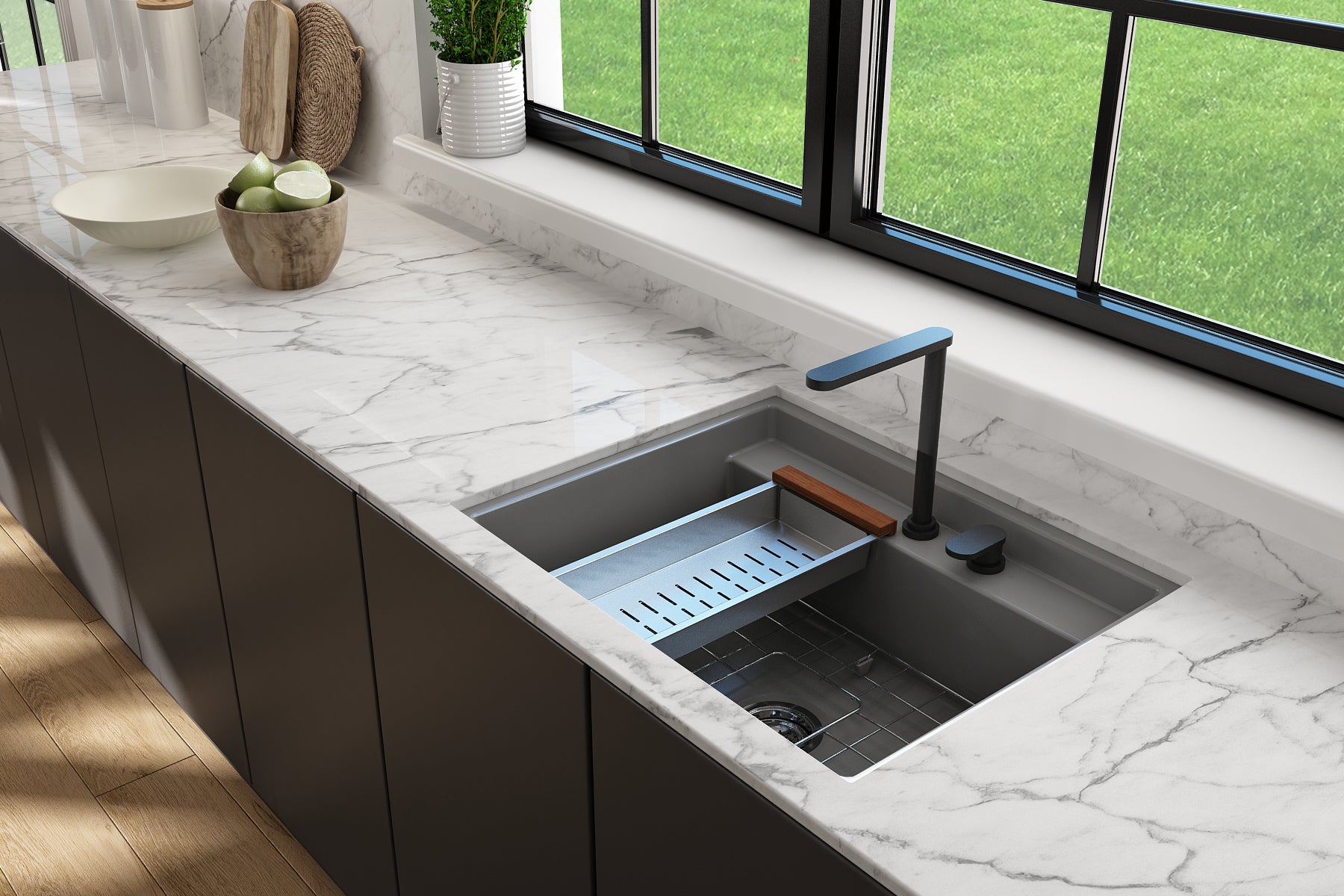 BOCCHI Baveno Uno 27" Dual Mount Fireclay Workstation Kitchen Sink Kit with Accessories, Matte Gray, 1633-006-0132