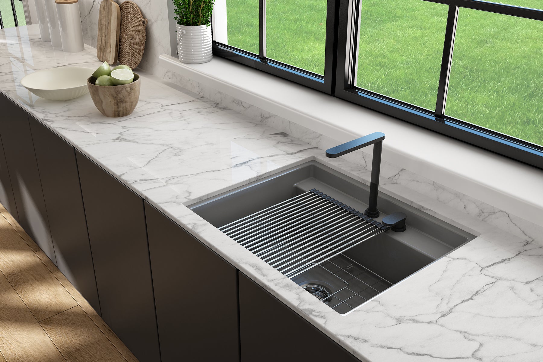 BOCCHI Baveno Uno 27" Dual Mount Fireclay Workstation Kitchen Sink Kit with Accessories, Matte Gray, 1633-006-0132