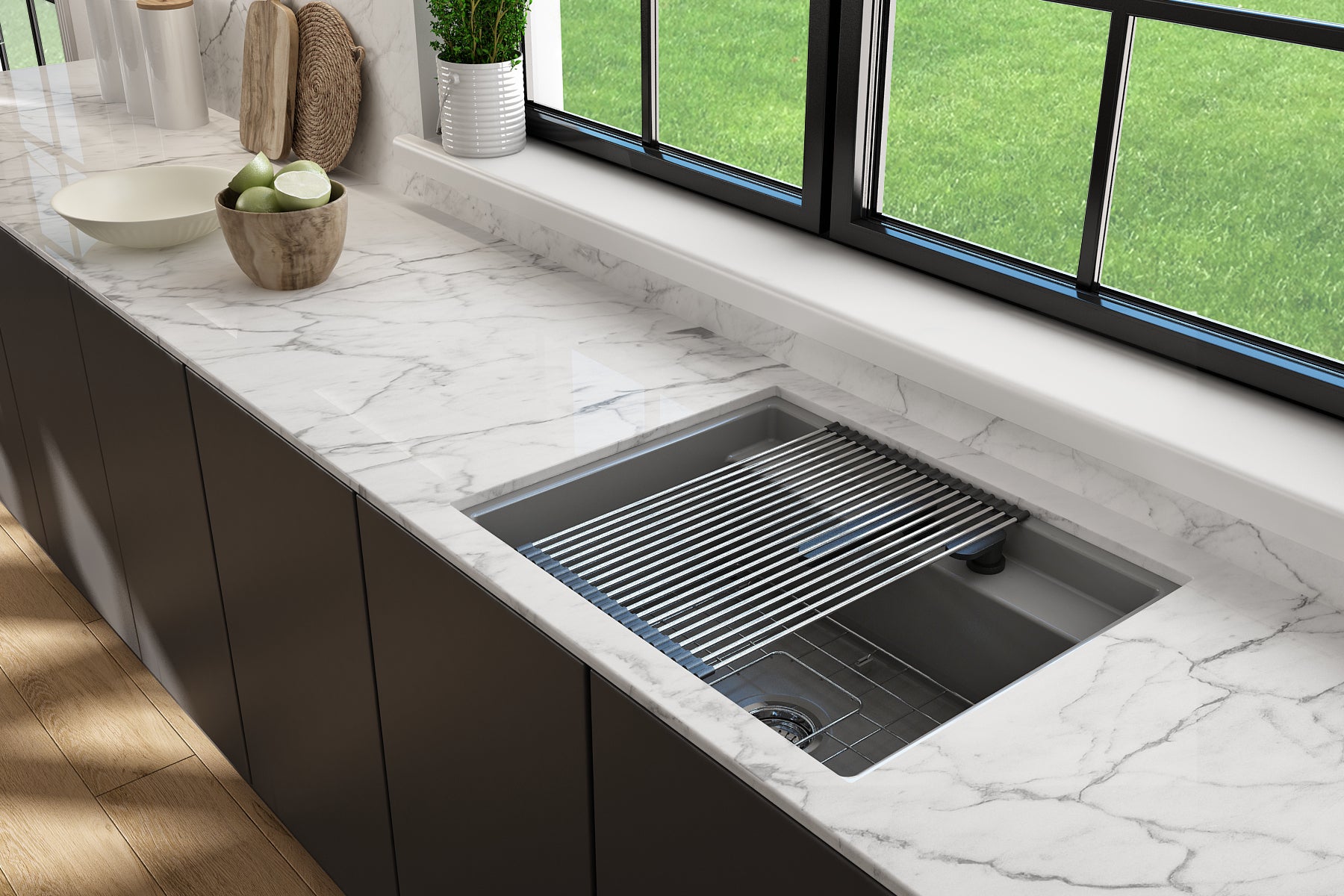 BOCCHI Baveno Uno 27" Dual Mount Fireclay Workstation Kitchen Sink Kit with Accessories, Matte Gray, 1633-006-0132