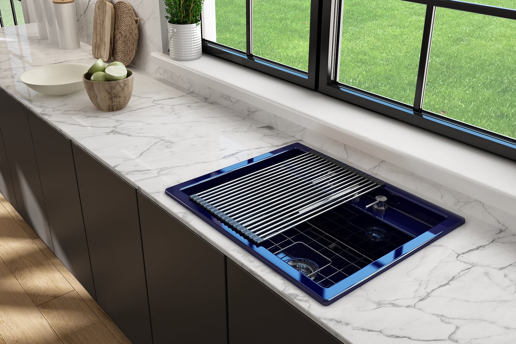 BOCCHI Baveno Uno 27" Dual Mount Fireclay Workstation Kitchen Sink Kit with Accessories, Sapphire Blue, 1633-010-0127