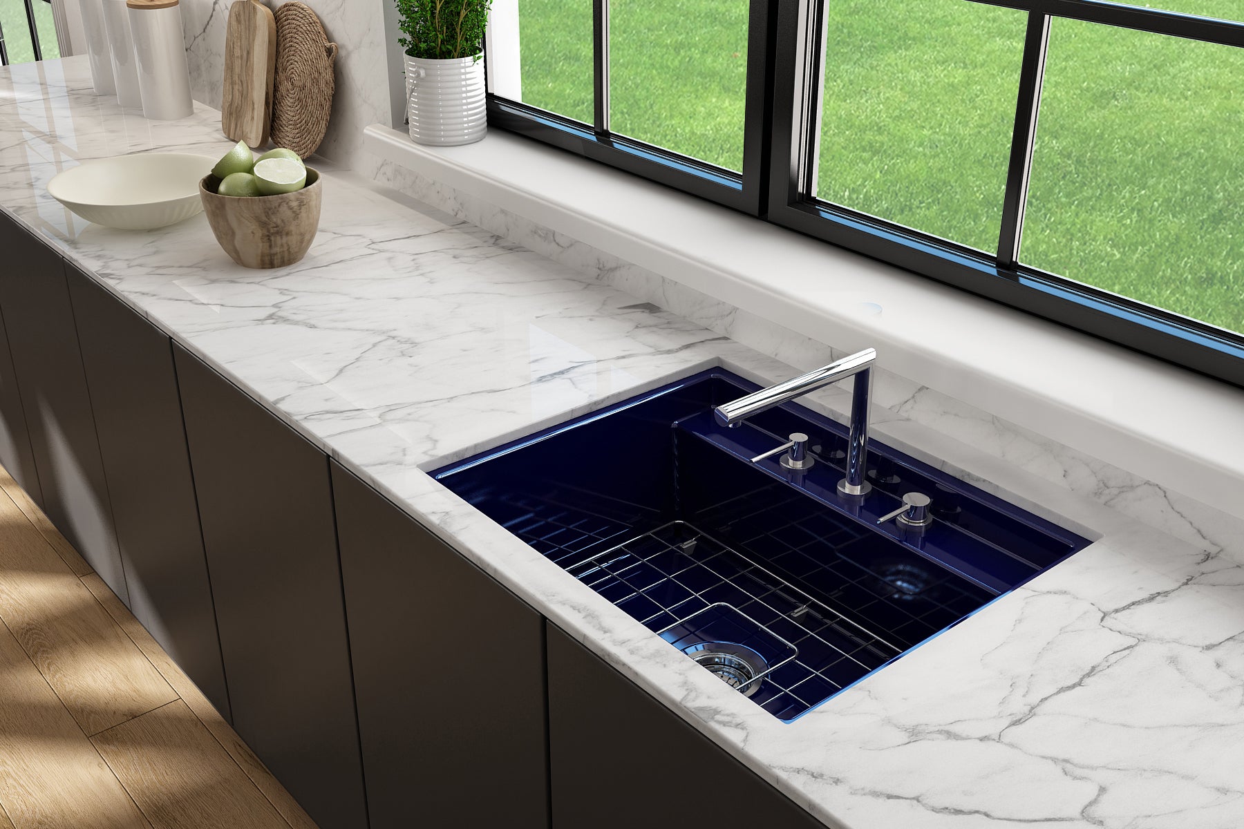 BOCCHI Baveno Uno 27" Dual Mount Fireclay Workstation Kitchen Sink Kit with Accessories, Sapphire Blue, 1633-010-0127
