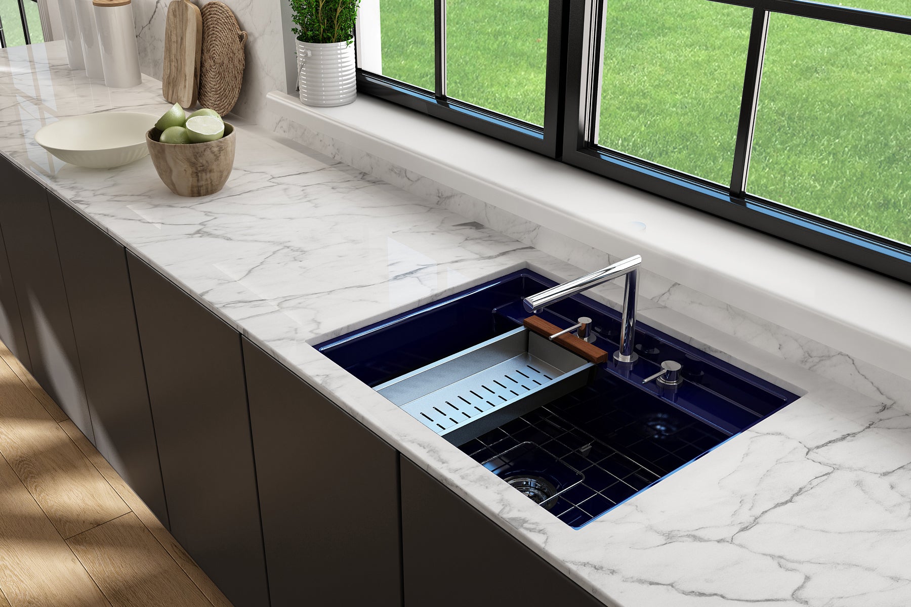 BOCCHI Baveno Uno 27" Dual Mount Fireclay Workstation Kitchen Sink Kit with Accessories, Sapphire Blue, 1633-010-0127
