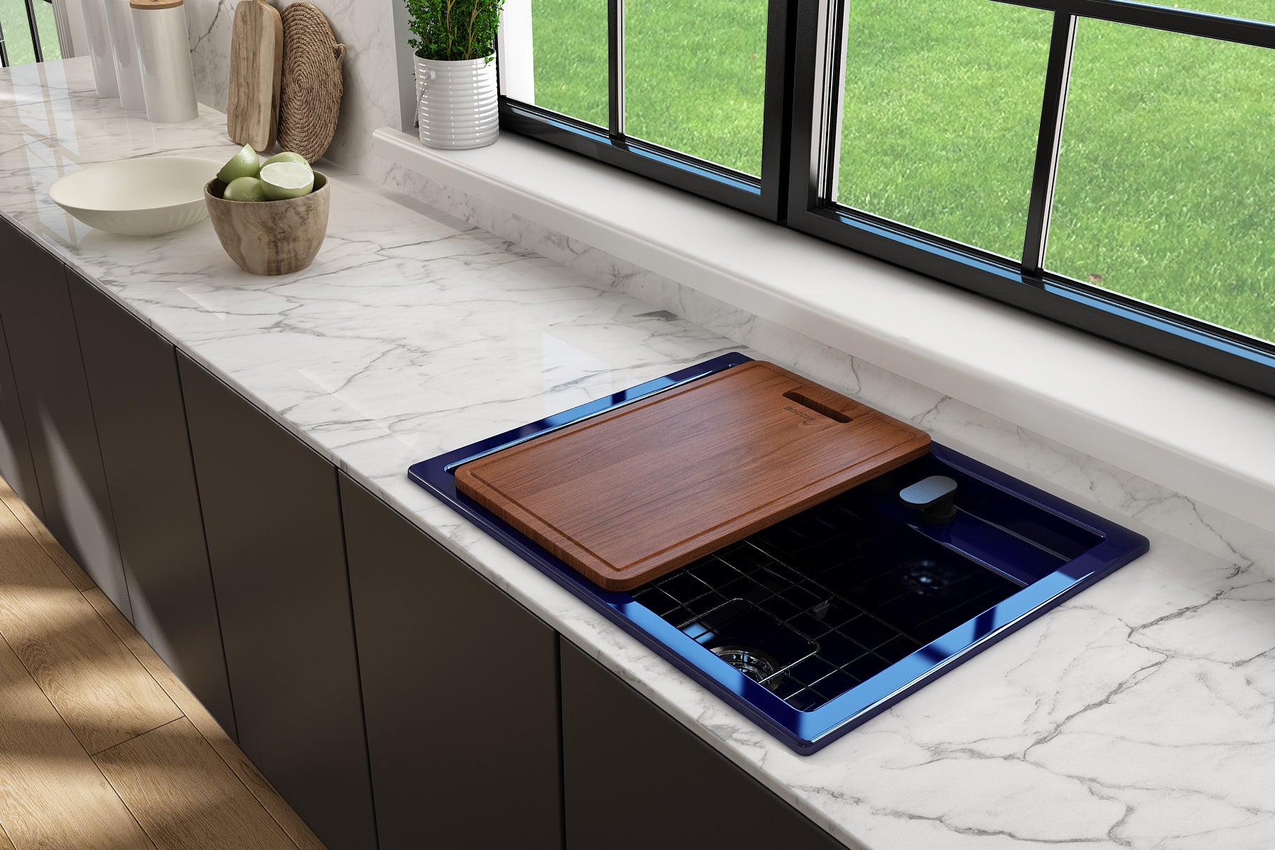 BOCCHI Baveno Uno 27" Dual Mount Fireclay Workstation Kitchen Sink Kit with Accessories, Sapphire Blue, 1633-010-0132