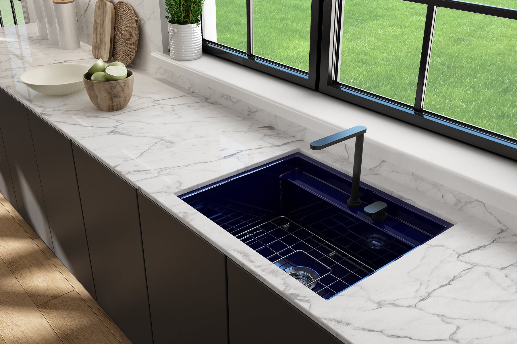 BOCCHI Baveno Uno 27" Dual Mount Fireclay Workstation Kitchen Sink Kit with Accessories, Sapphire Blue, 1633-010-0132