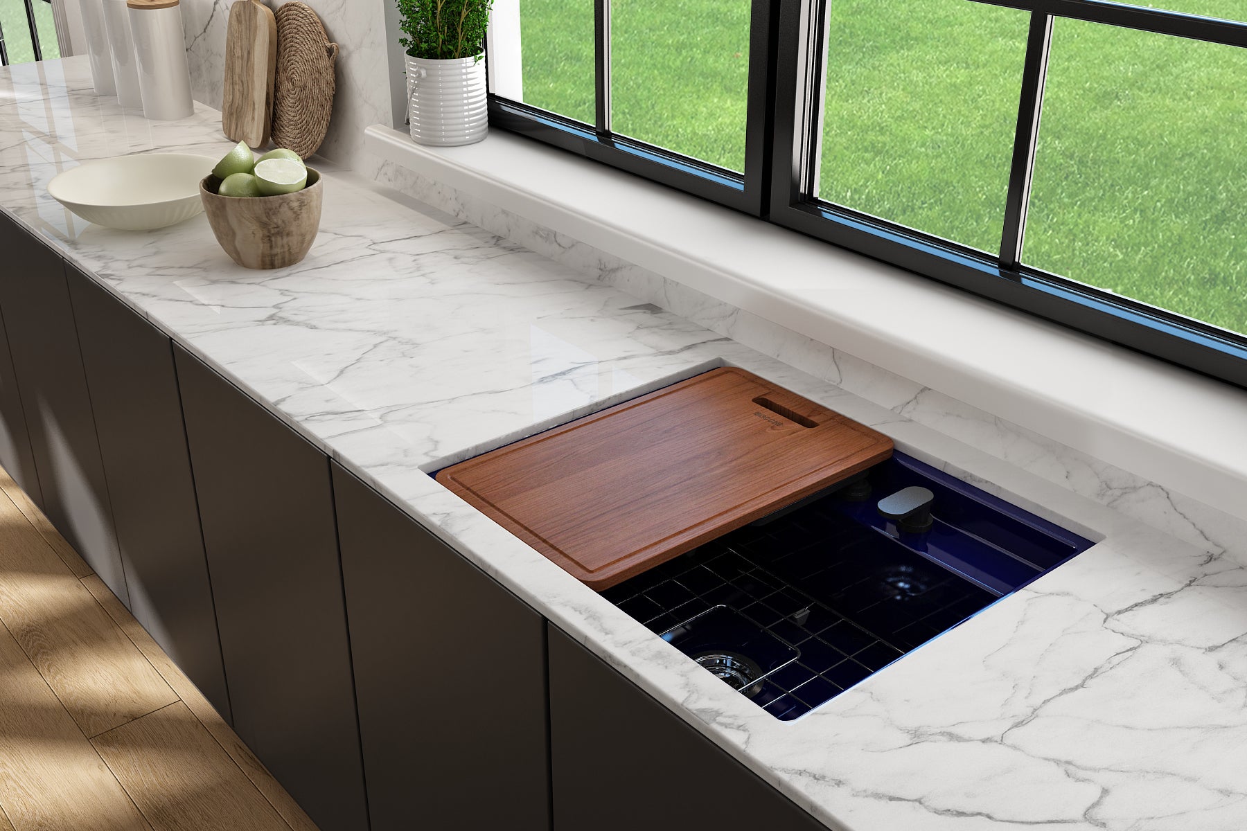 BOCCHI Baveno Uno 27" Dual Mount Fireclay Workstation Kitchen Sink Kit with Accessories, Sapphire Blue, 1633-010-0132