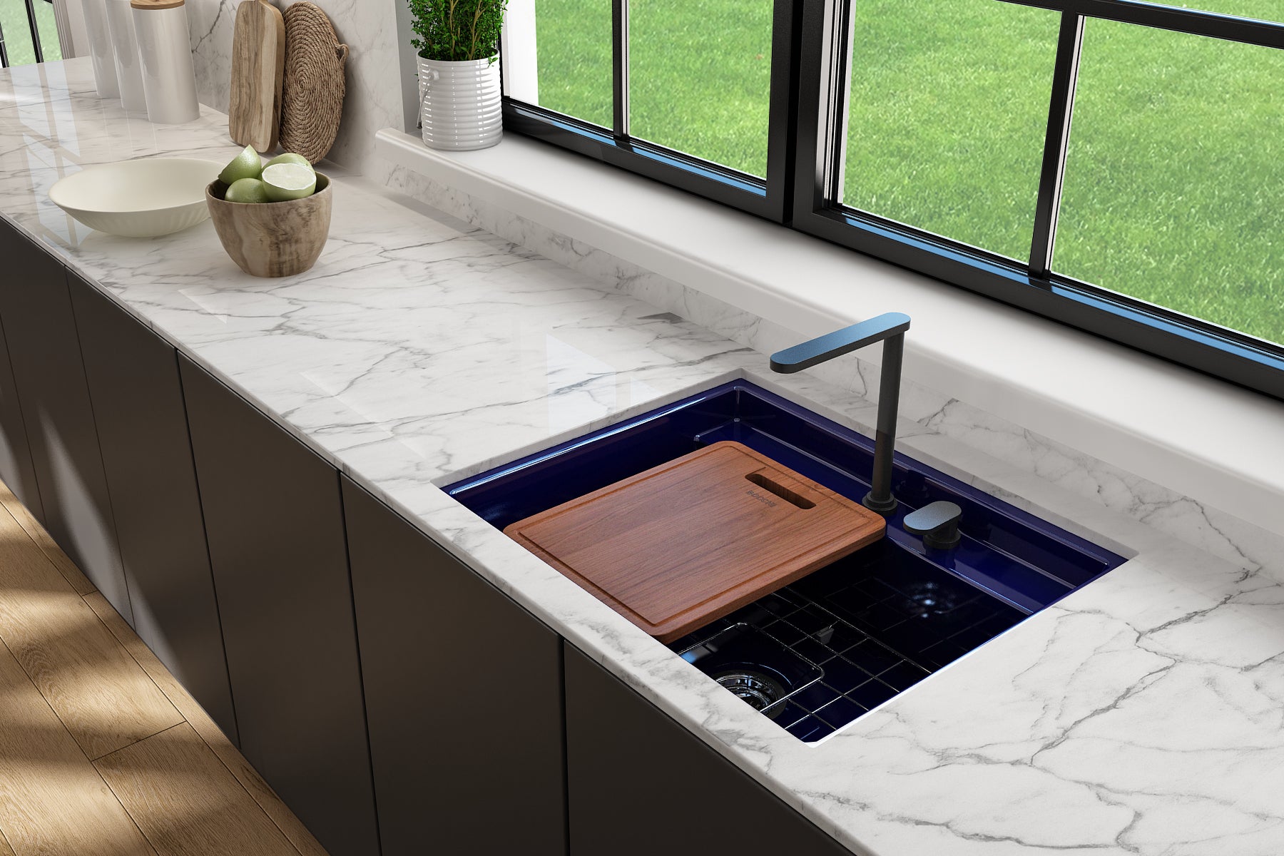 BOCCHI Baveno Uno 27" Dual Mount Fireclay Workstation Kitchen Sink Kit with Accessories, Sapphire Blue, 1633-010-0132