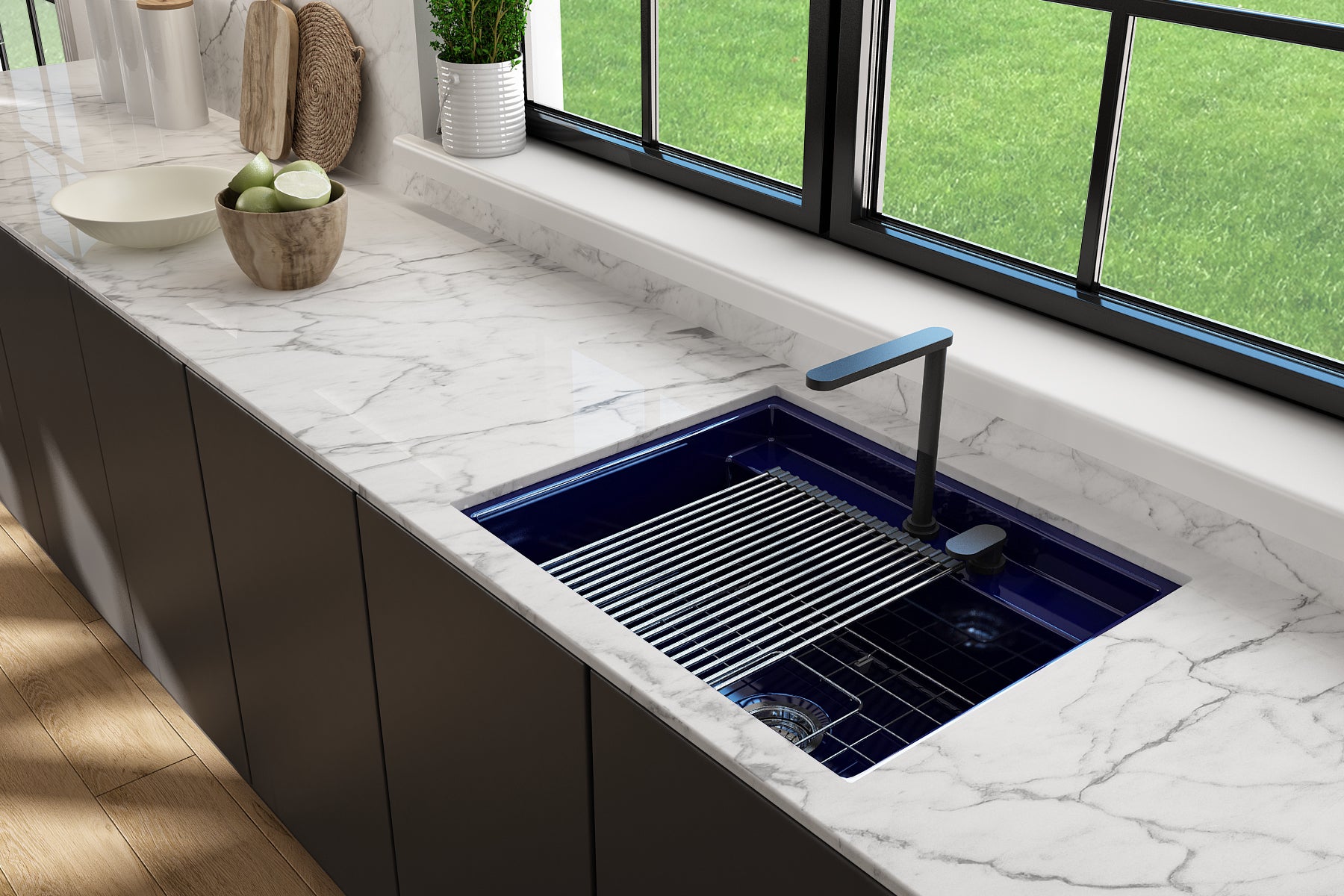 BOCCHI Baveno Uno 27" Dual Mount Fireclay Workstation Kitchen Sink Kit with Accessories, Sapphire Blue, 1633-010-0132