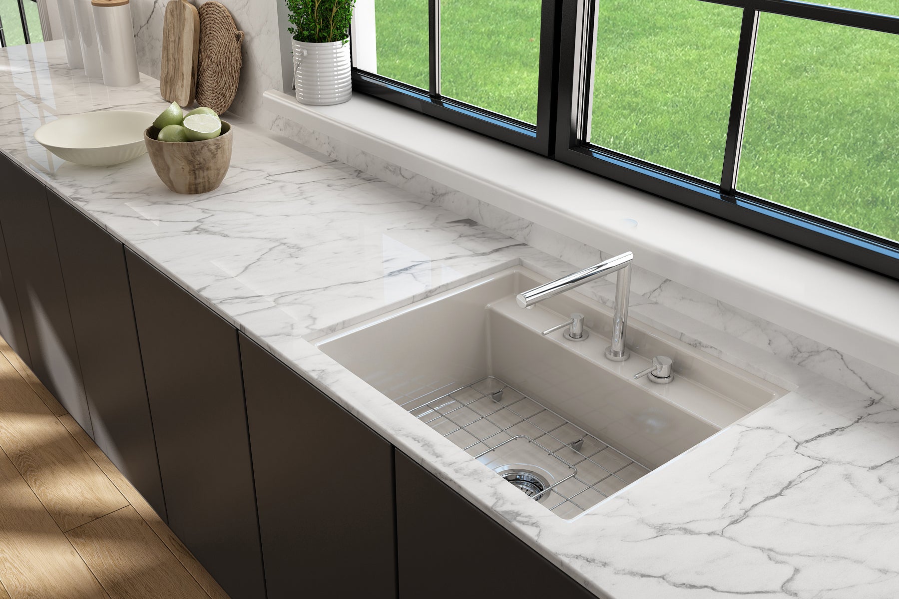 BOCCHI Baveno Uno 27" Dual Mount Fireclay Workstation Kitchen Sink Kit with Accessories, Biscuit, 1633-014-0127