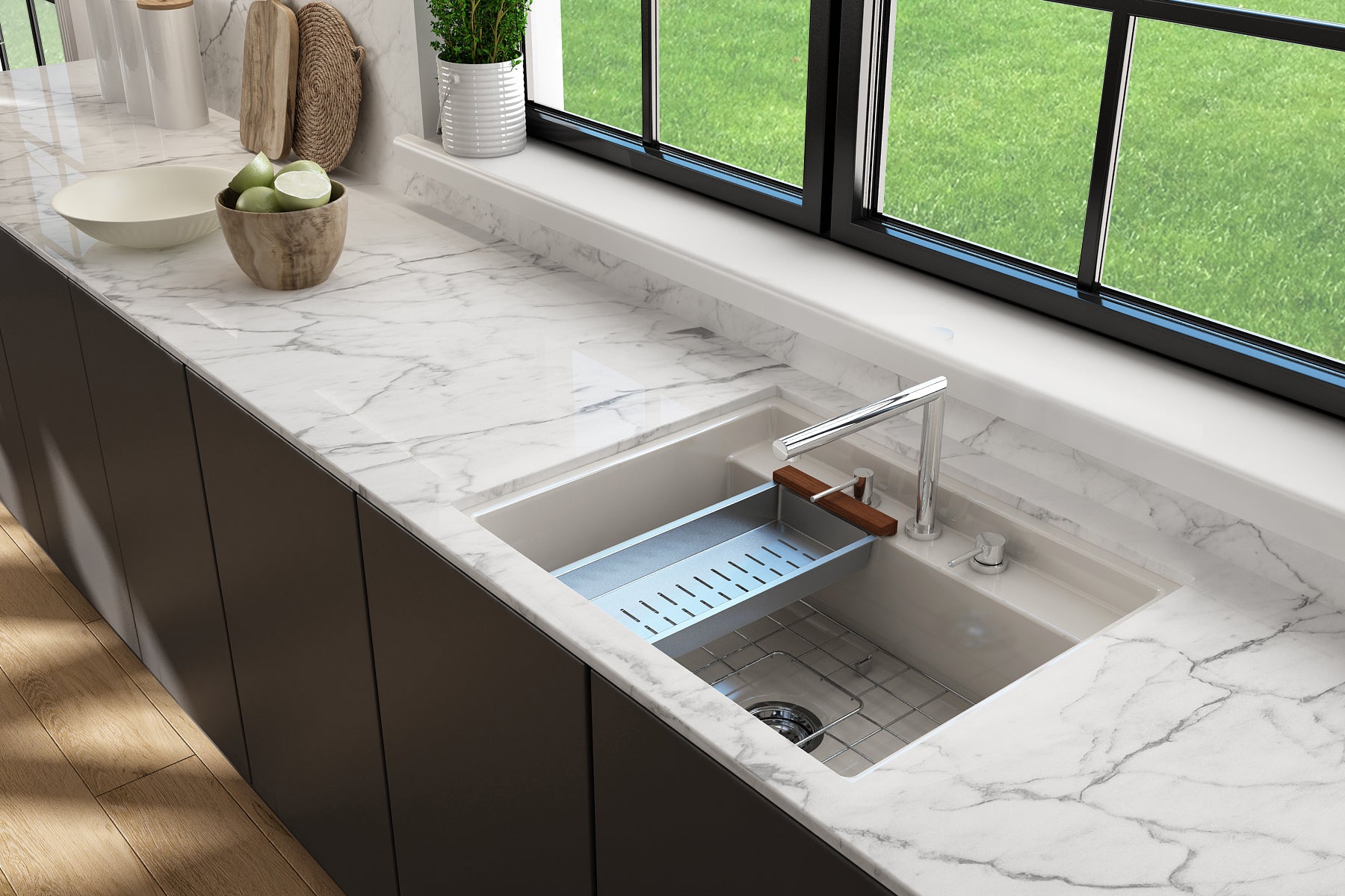 BOCCHI Baveno Uno 27" Dual Mount Fireclay Workstation Kitchen Sink Kit with Accessories, Biscuit, 1633-014-0127