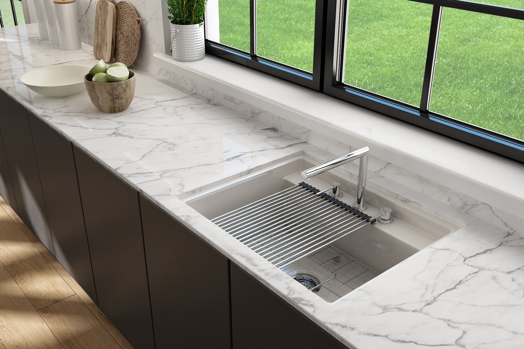 BOCCHI Baveno Uno 27" Dual Mount Fireclay Workstation Kitchen Sink Kit with Accessories, Biscuit, 1633-014-0127