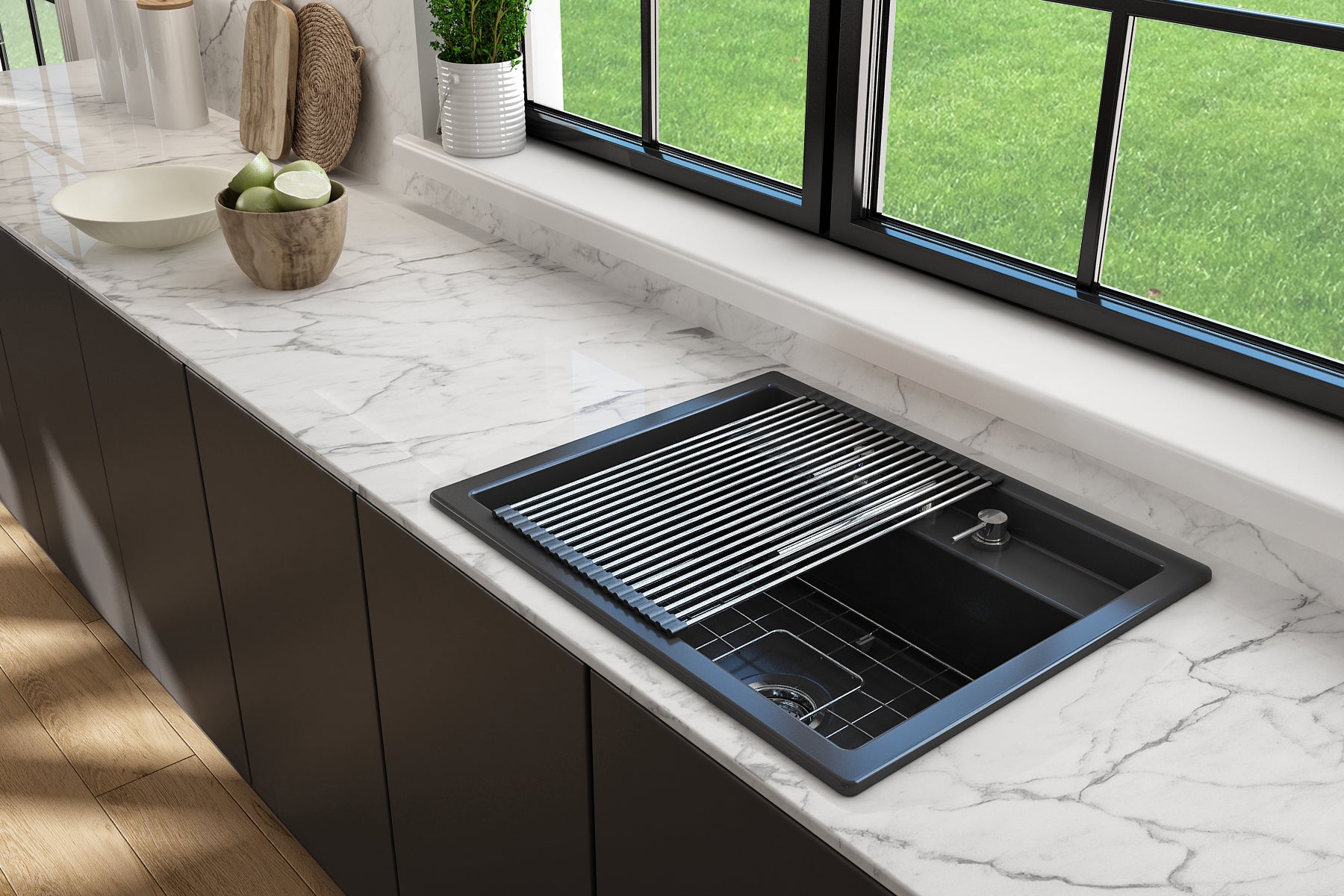 BOCCHI Baveno Uno 27" Dual Mount Fireclay Workstation Kitchen Sink Kit with Accessories, Matte Dark Gray, 1633-020-0127