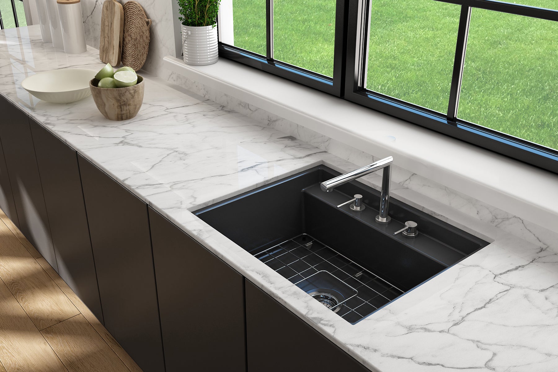 BOCCHI Baveno Uno 27" Dual Mount Fireclay Workstation Kitchen Sink Kit with Accessories, Matte Dark Gray, 1633-020-0127