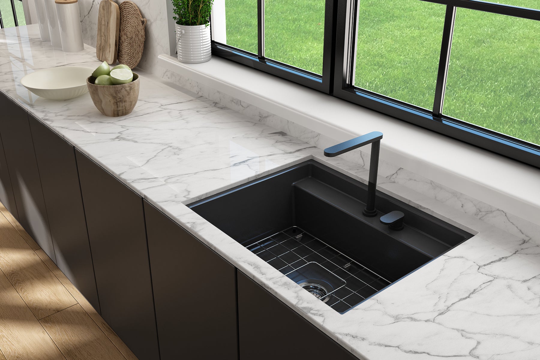 BOCCHI Baveno Uno 27" Dual Mount Fireclay Workstation Kitchen Sink Kit with Accessories, Matte Dark Gray, 1633-020-0132