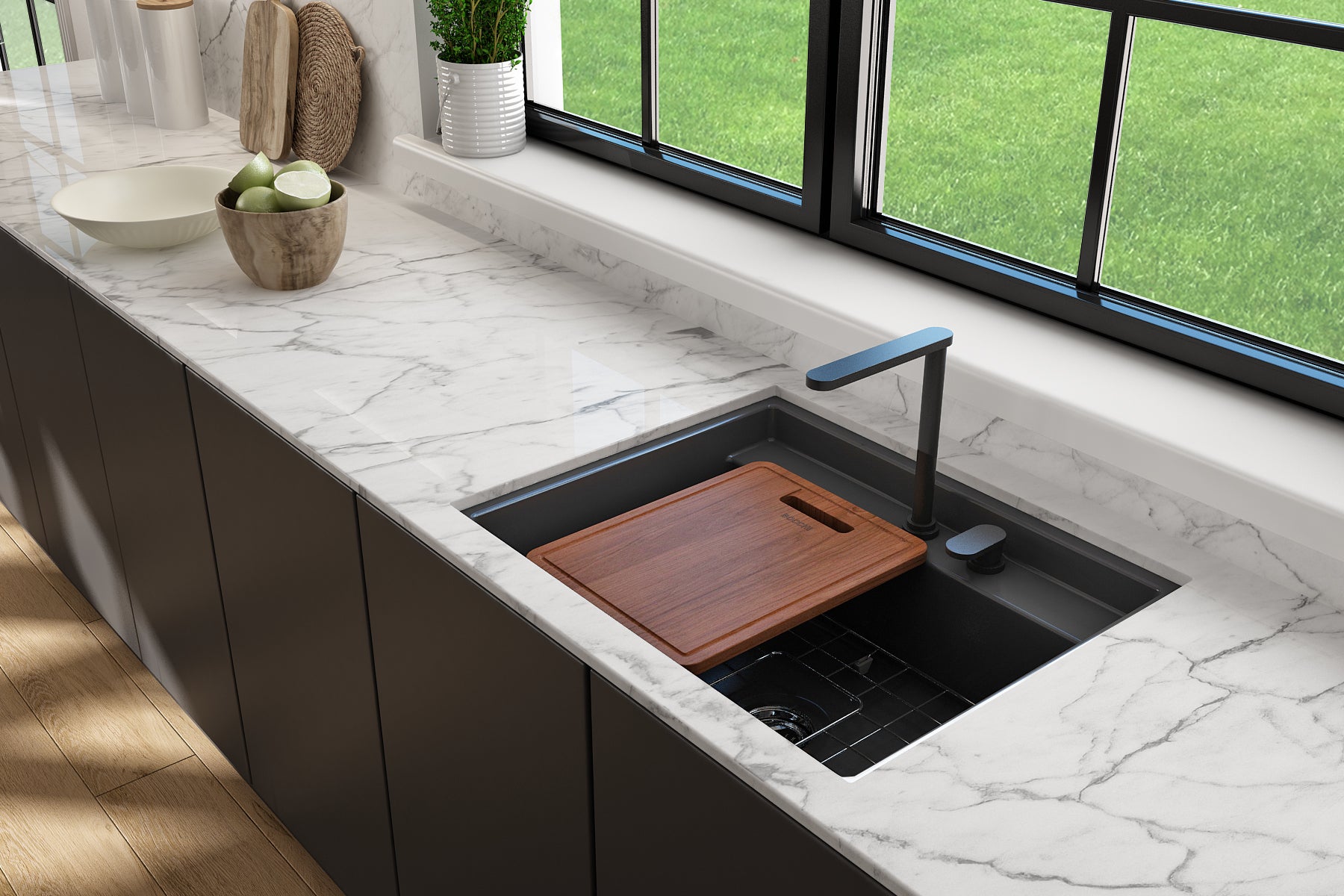 BOCCHI Baveno Uno 27" Dual Mount Fireclay Workstation Kitchen Sink Kit with Accessories, Matte Dark Gray, 1633-020-0132