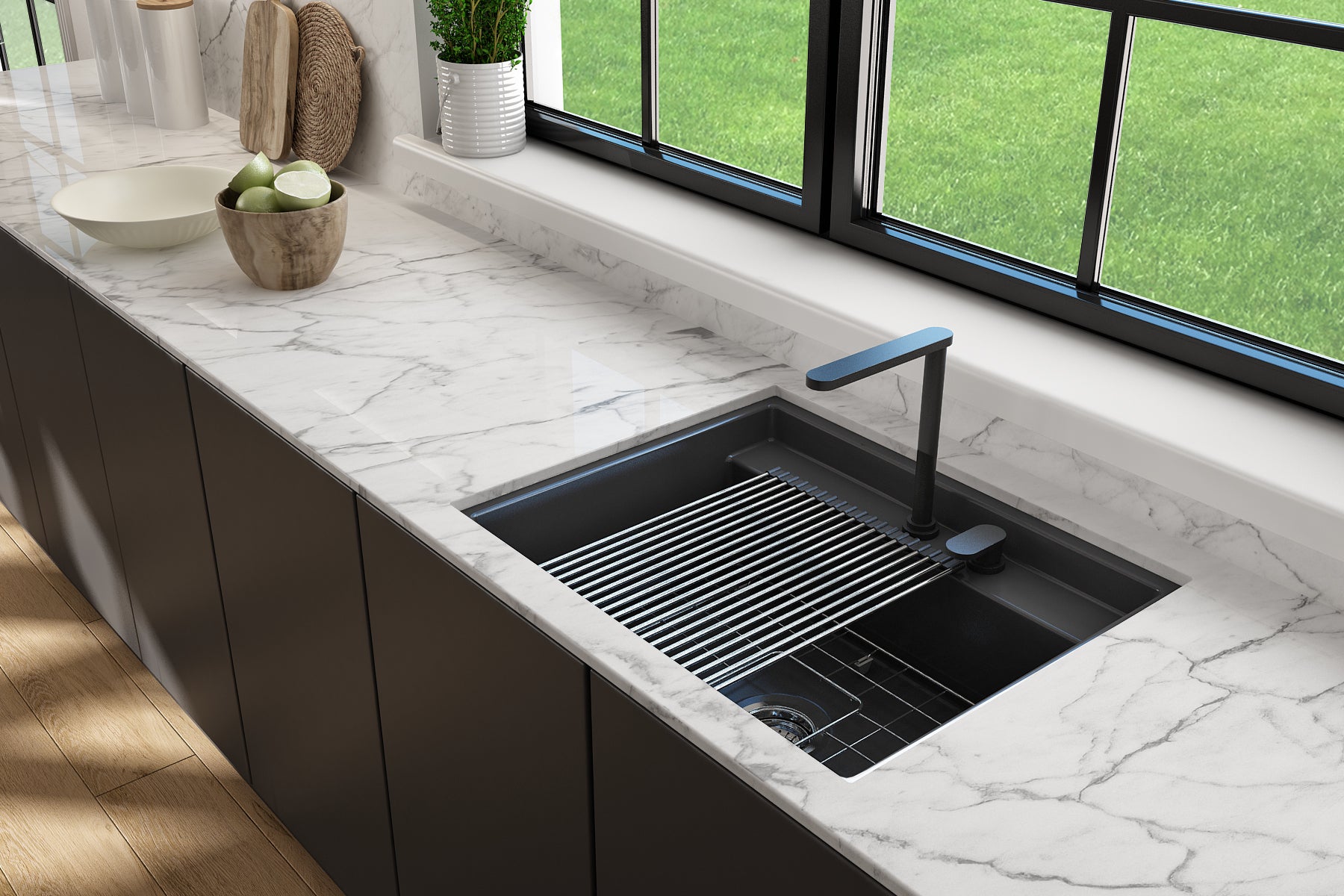 BOCCHI Baveno Uno 27" Dual Mount Fireclay Workstation Kitchen Sink Kit with Accessories, Matte Dark Gray, 1633-020-0132