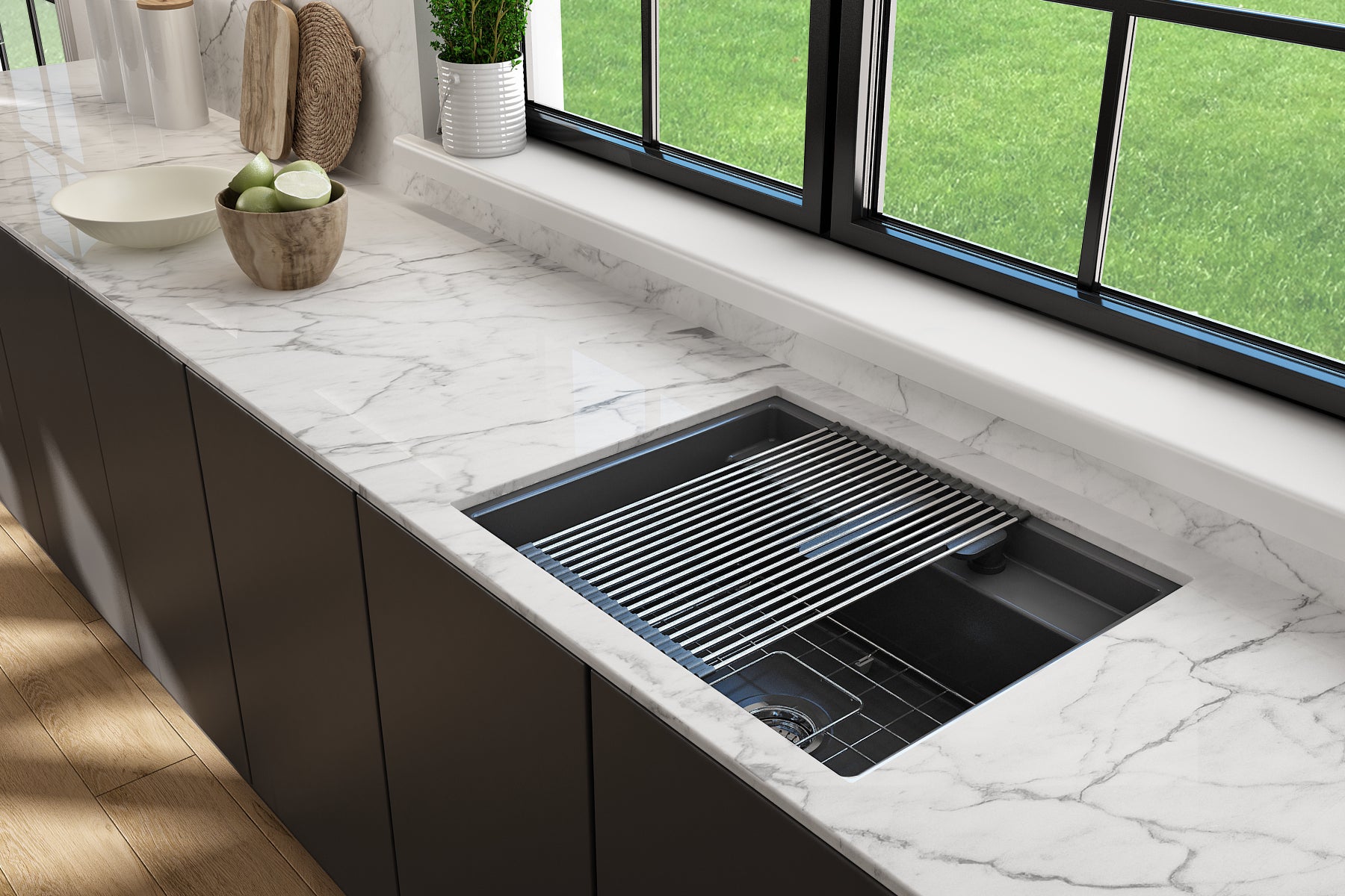 BOCCHI Baveno Uno 27" Dual Mount Fireclay Workstation Kitchen Sink Kit with Accessories, Matte Dark Gray, 1633-020-0132