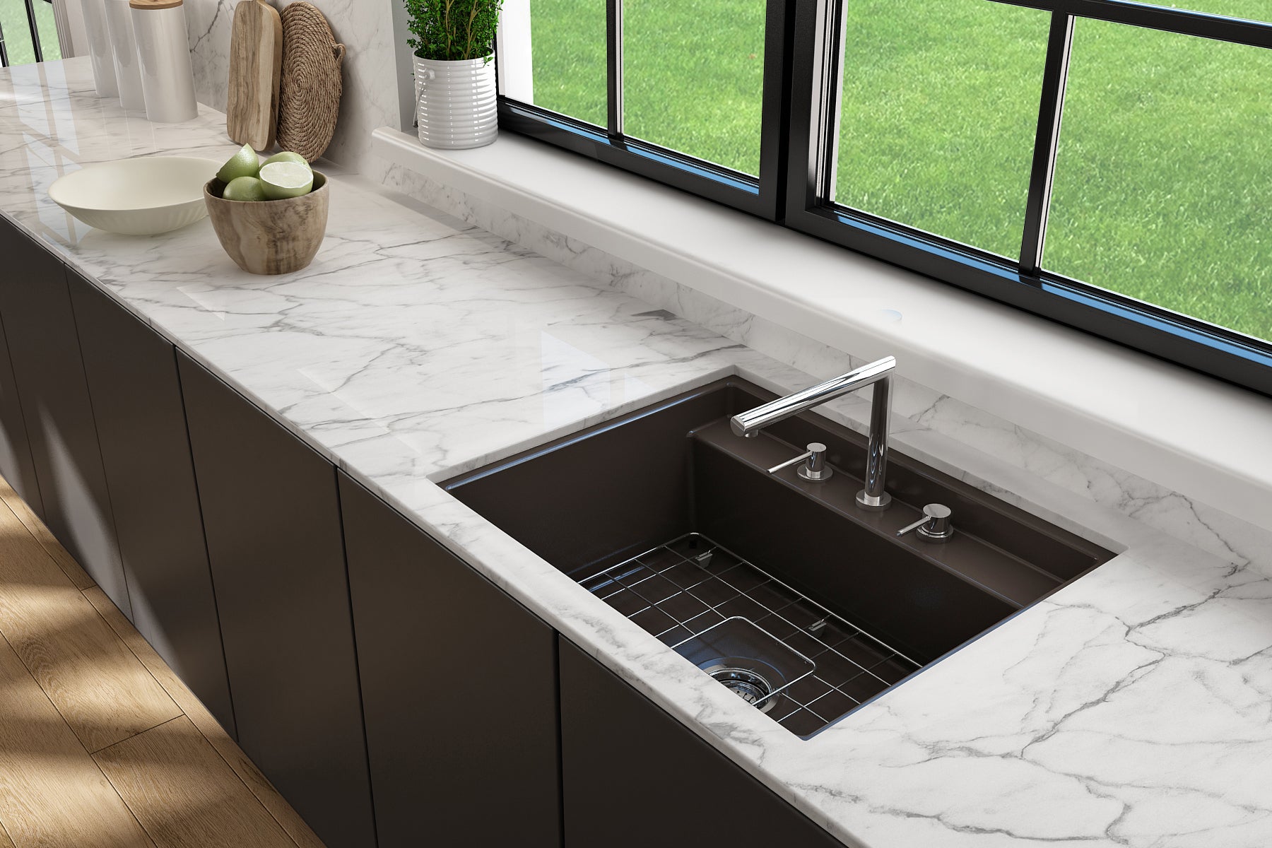 BOCCHI Baveno Uno 27" Dual Mount Fireclay Workstation Kitchen Sink Kit with Accessories, Matte Brown, 1633-025-0127