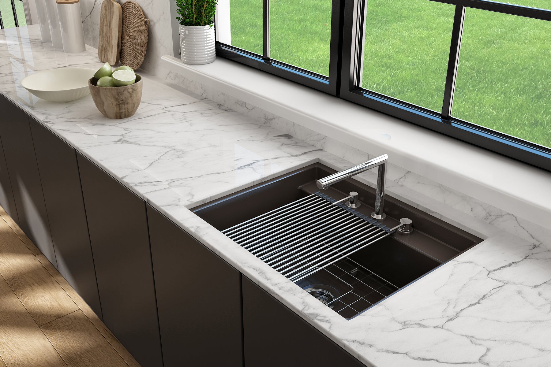 BOCCHI Baveno Uno 27" Dual Mount Fireclay Workstation Kitchen Sink Kit with Accessories, Matte Brown, 1633-025-0127
