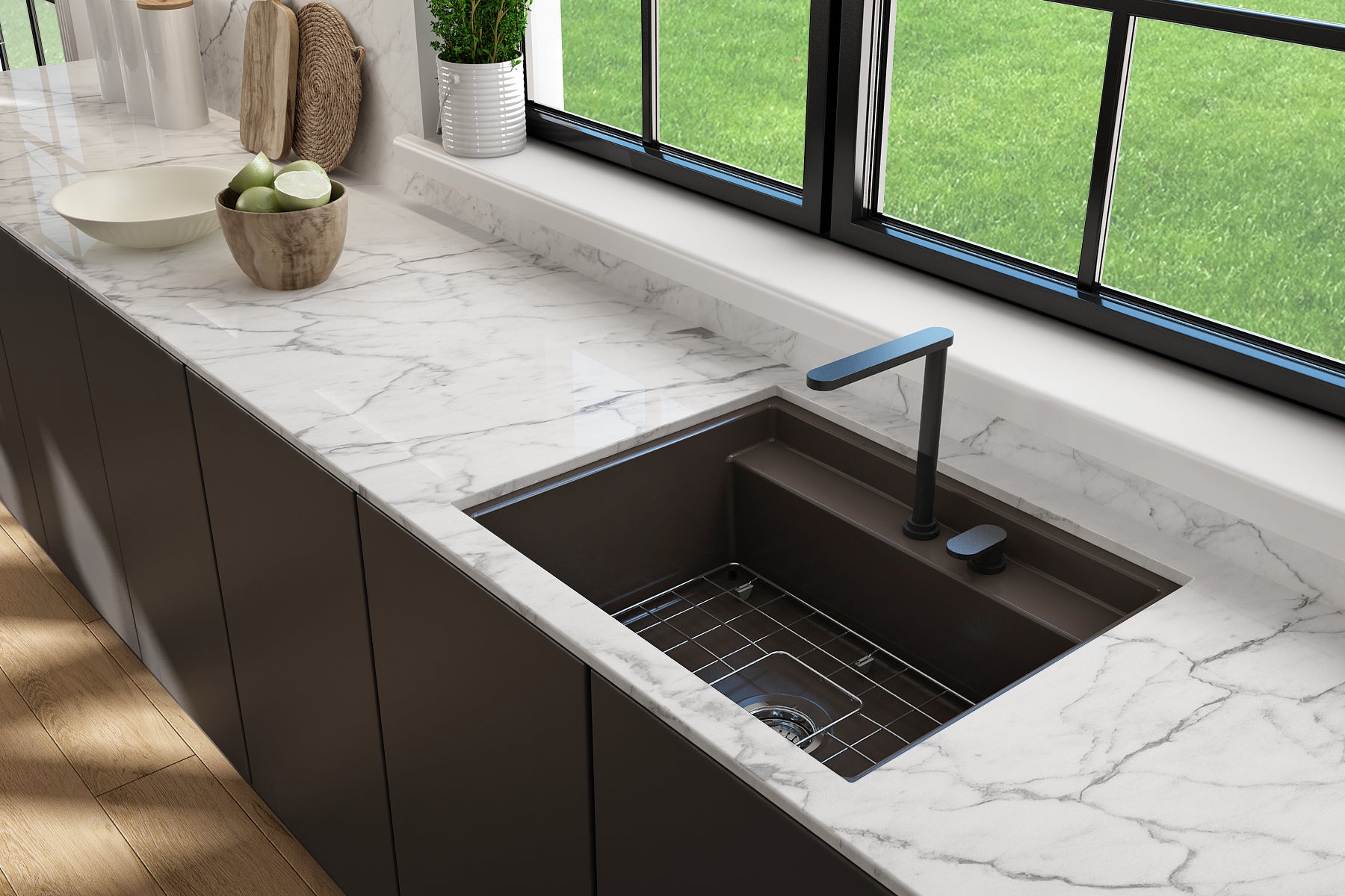 BOCCHI Baveno Uno 27" Dual Mount Fireclay Workstation Kitchen Sink Kit with Accessories, Matte Brown, 1633-025-0132