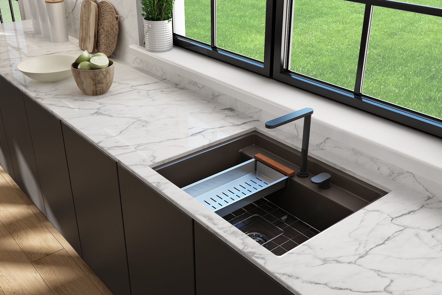 BOCCHI Baveno Uno 27" Dual Mount Fireclay Workstation Kitchen Sink Kit with Accessories, Matte Brown, 1633-025-0132