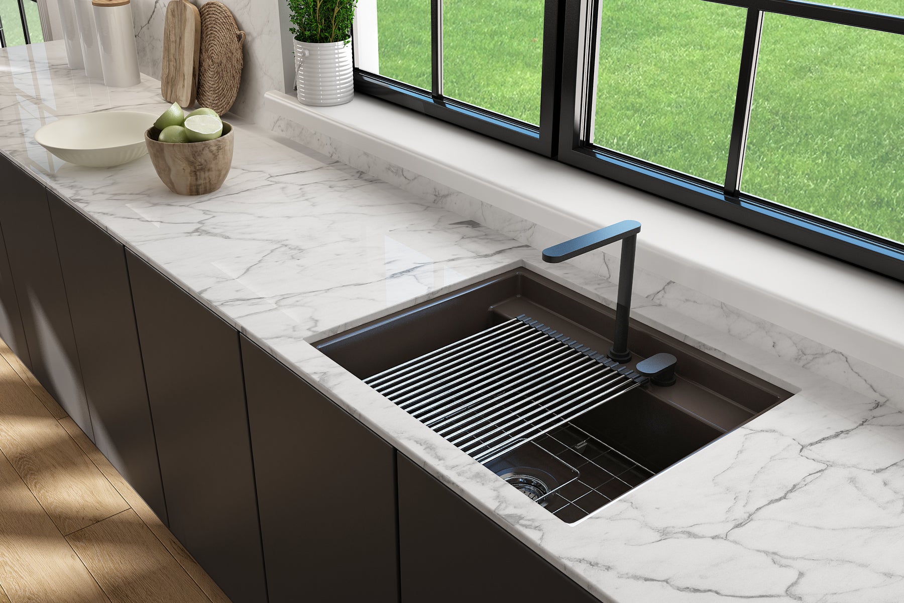 BOCCHI Baveno Uno 27" Dual Mount Fireclay Workstation Kitchen Sink Kit with Accessories, Matte Brown, 1633-025-0132