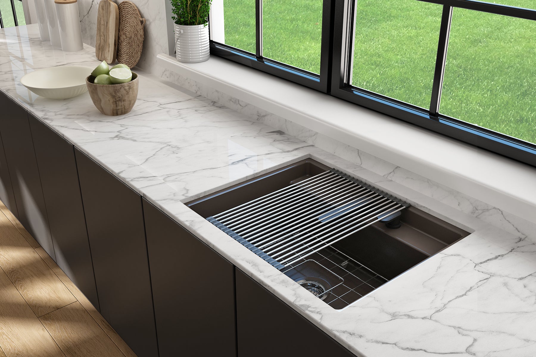BOCCHI Baveno Uno 27" Dual Mount Fireclay Workstation Kitchen Sink Kit with Accessories, Matte Brown, 1633-025-0132