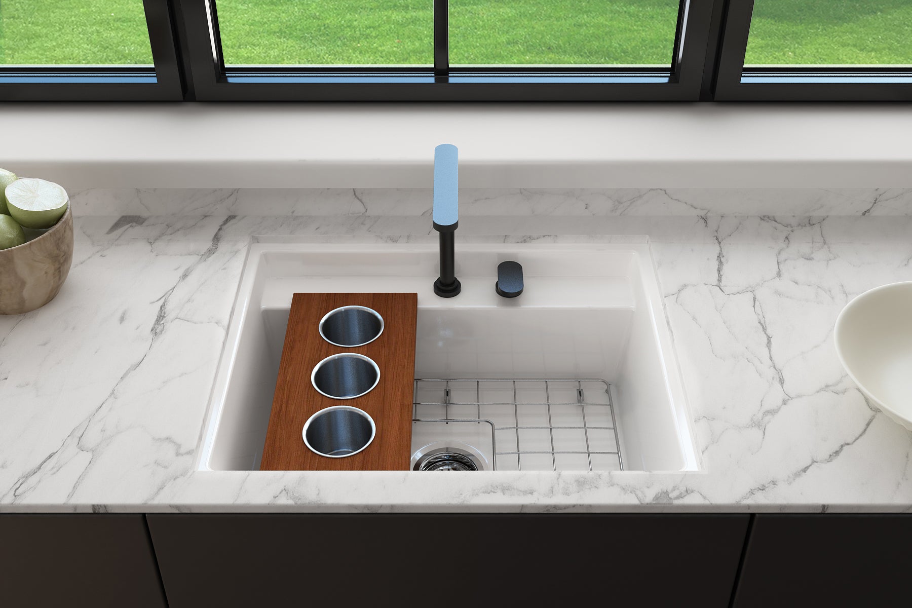 BOCCHI Baveno Uno 27" Dual Mount Fireclay Workstation Kitchen Sink Kit with Accessories, Black, 1633-005-0127