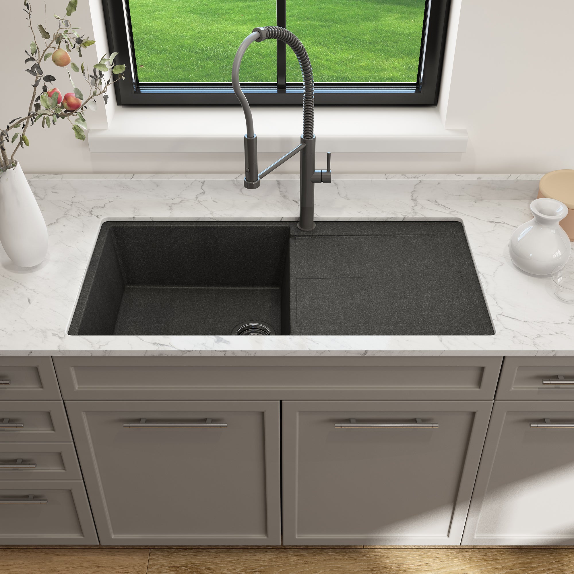 BOCCHI Levanzo 39" Dual Mount Granite Kitchen Sink Kit, Metallic Black, Includes Drainboard, 1635-505-0120