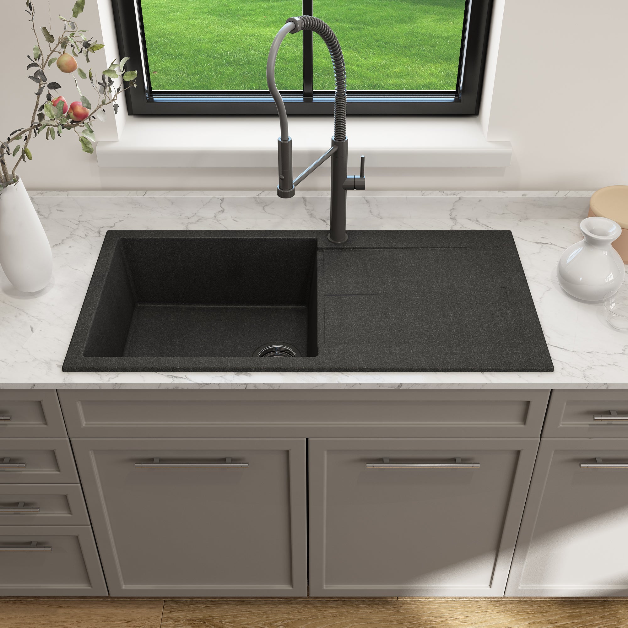 BOCCHI Levanzo 39" Dual Mount Granite Kitchen Sink Kit, Metallic Black, Includes Drainboard, 1635-505-0120