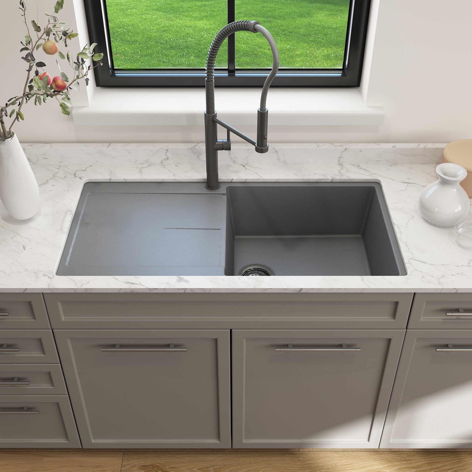 BOCCHI Levanzo 39" Dual Mount Granite Kitchen Sink Kit, Concrete Gray, Includes Drainboard, 1635-506-0120
