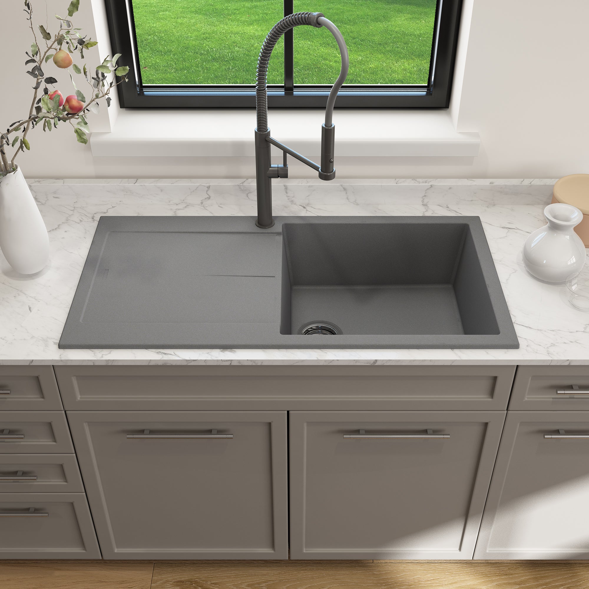 BOCCHI Levanzo 39" Dual Mount Granite Kitchen Sink Kit, Concrete Gray, Includes Drainboard, 1635-506-0120