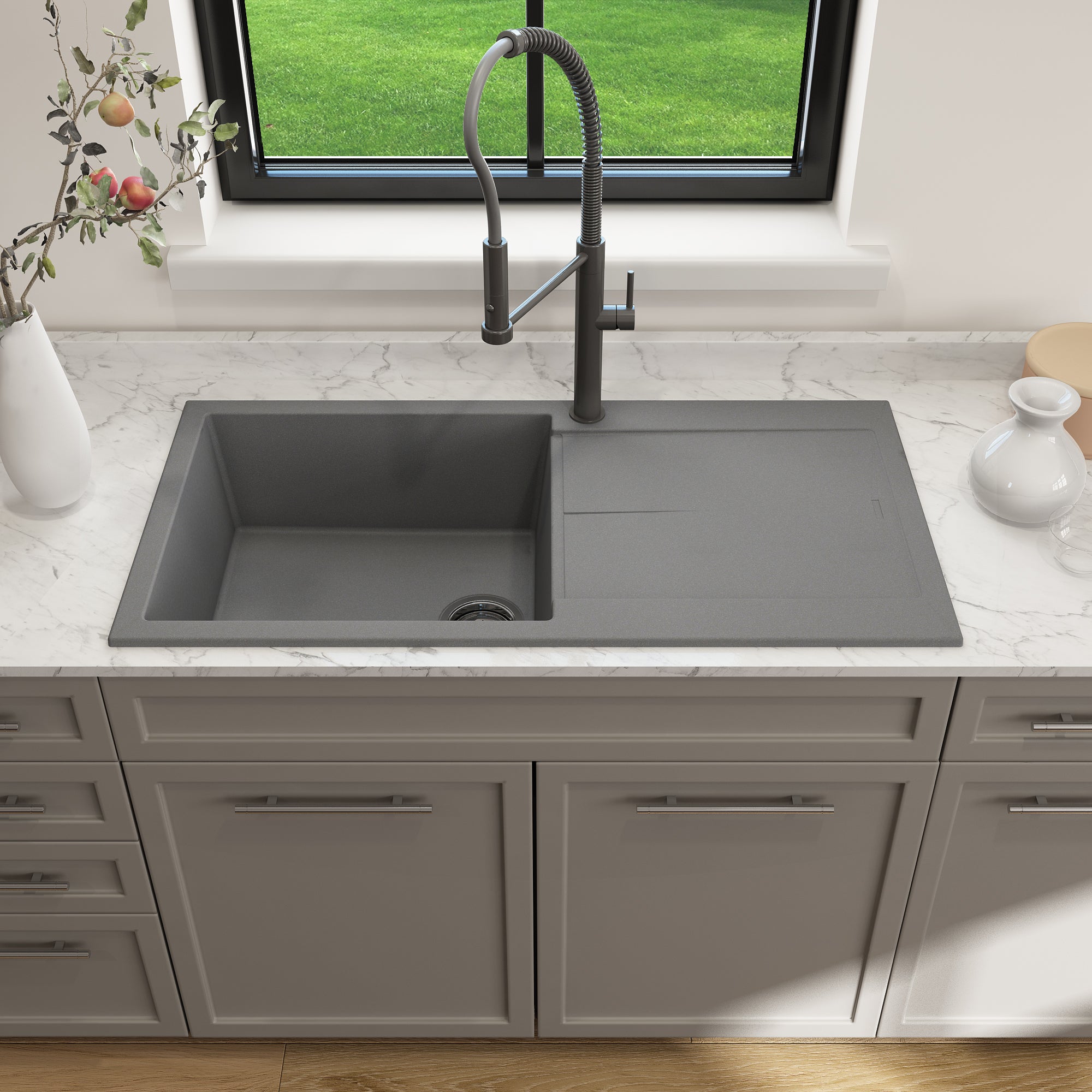 BOCCHI Levanzo 39" Dual Mount Granite Kitchen Sink Kit, Concrete Gray, Includes Drainboard, 1635-506-0120