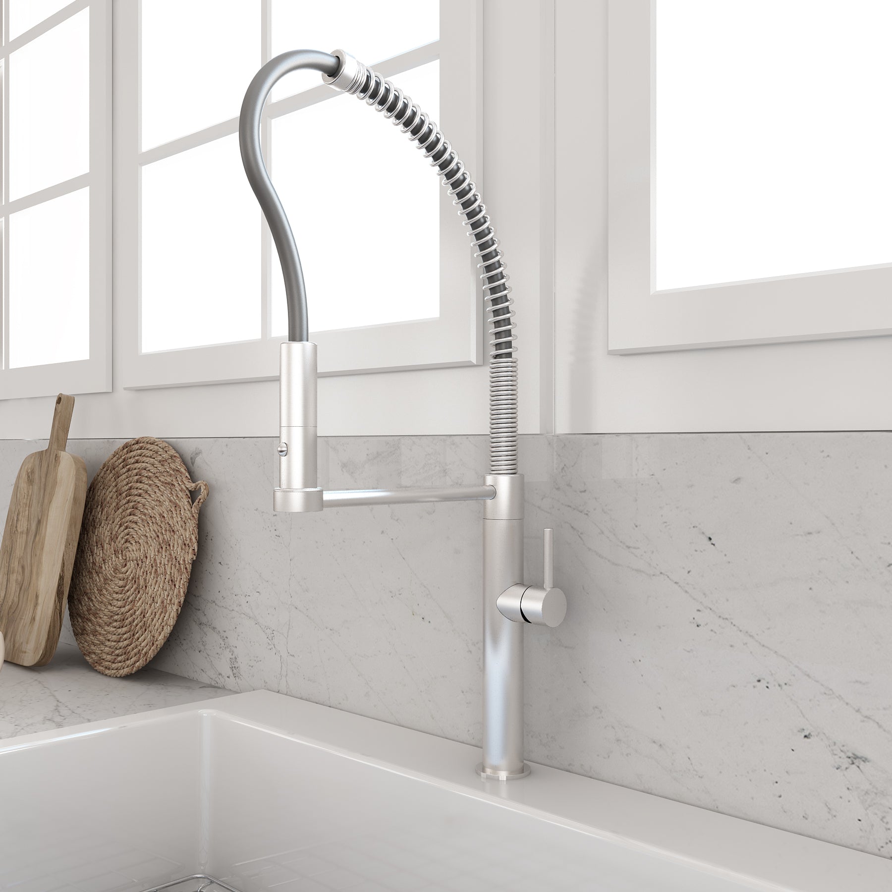 BOCCHI Baveno Pro 1.75 GPM 90 Degree Forward Brass Kitchen Faucet, Professional, Goose Neck, Stainless Steel, 2027 0001 SS