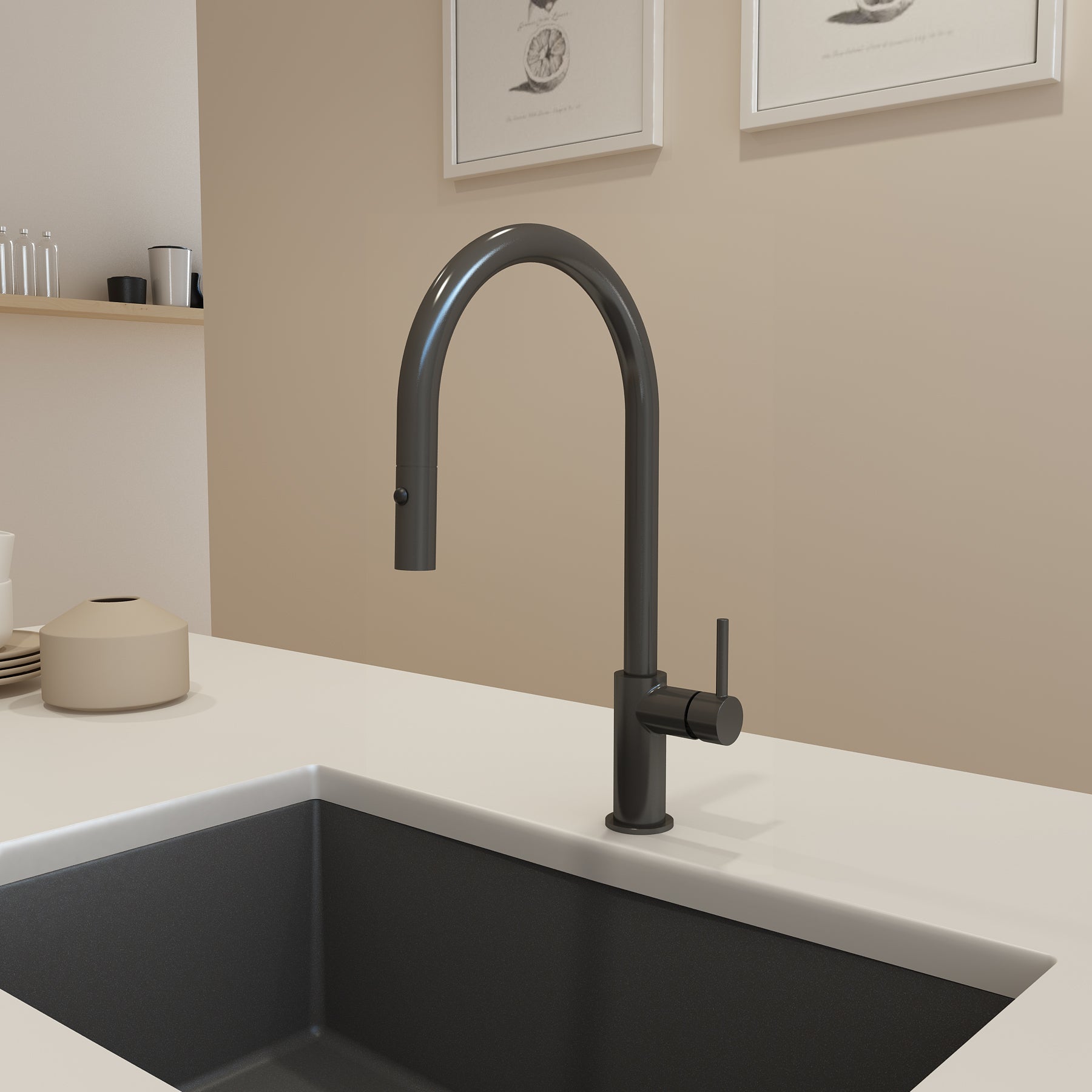 BOCCHI Baveno Duo 1.75 GPM 90 Degree Forward Brass Kitchen Faucet, Gun Metal, 2028 0001 GM