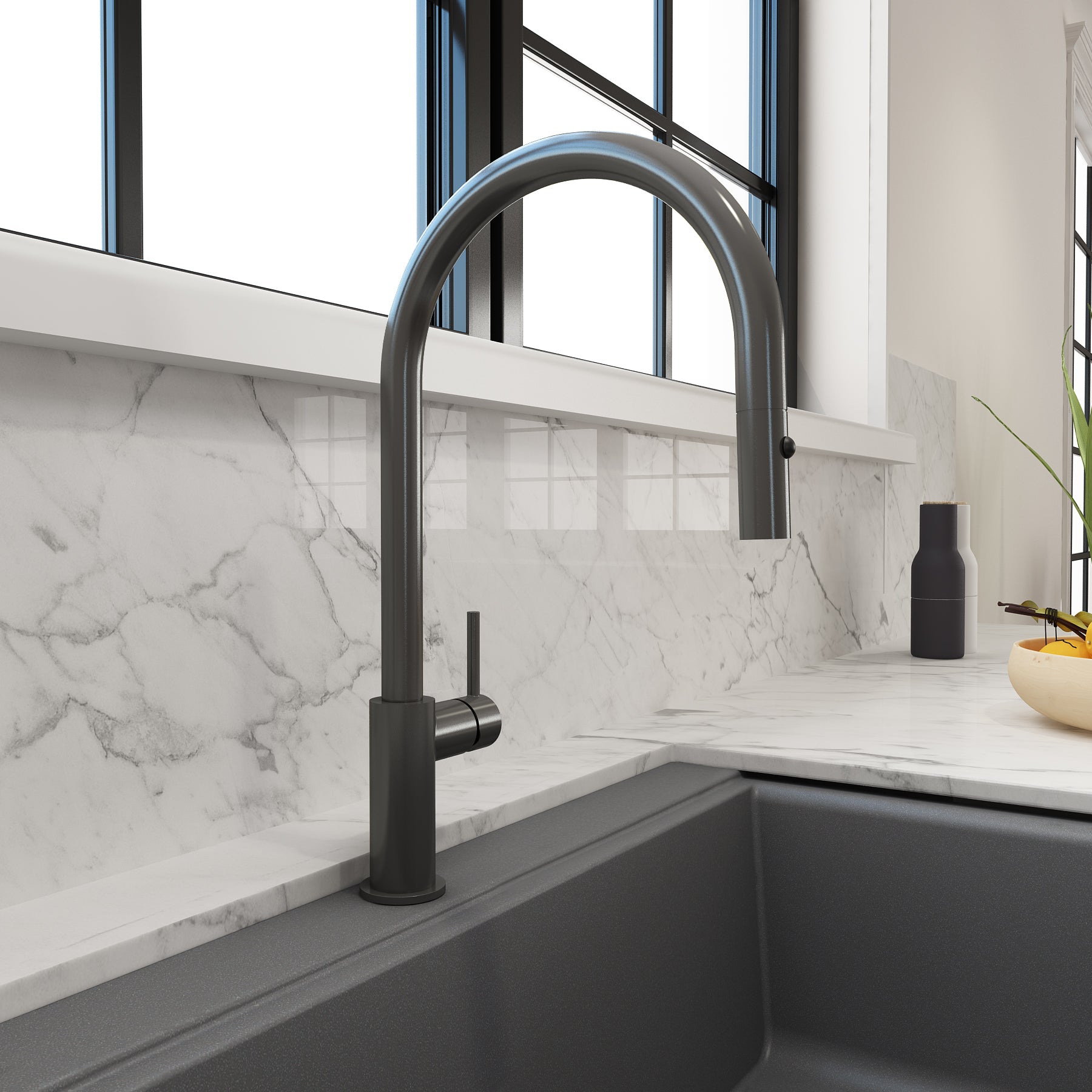 BOCCHI Baveno Duo 1.75 GPM 90 Degree Forward Brass Kitchen Faucet, Gun Metal, 2028 0001 GM