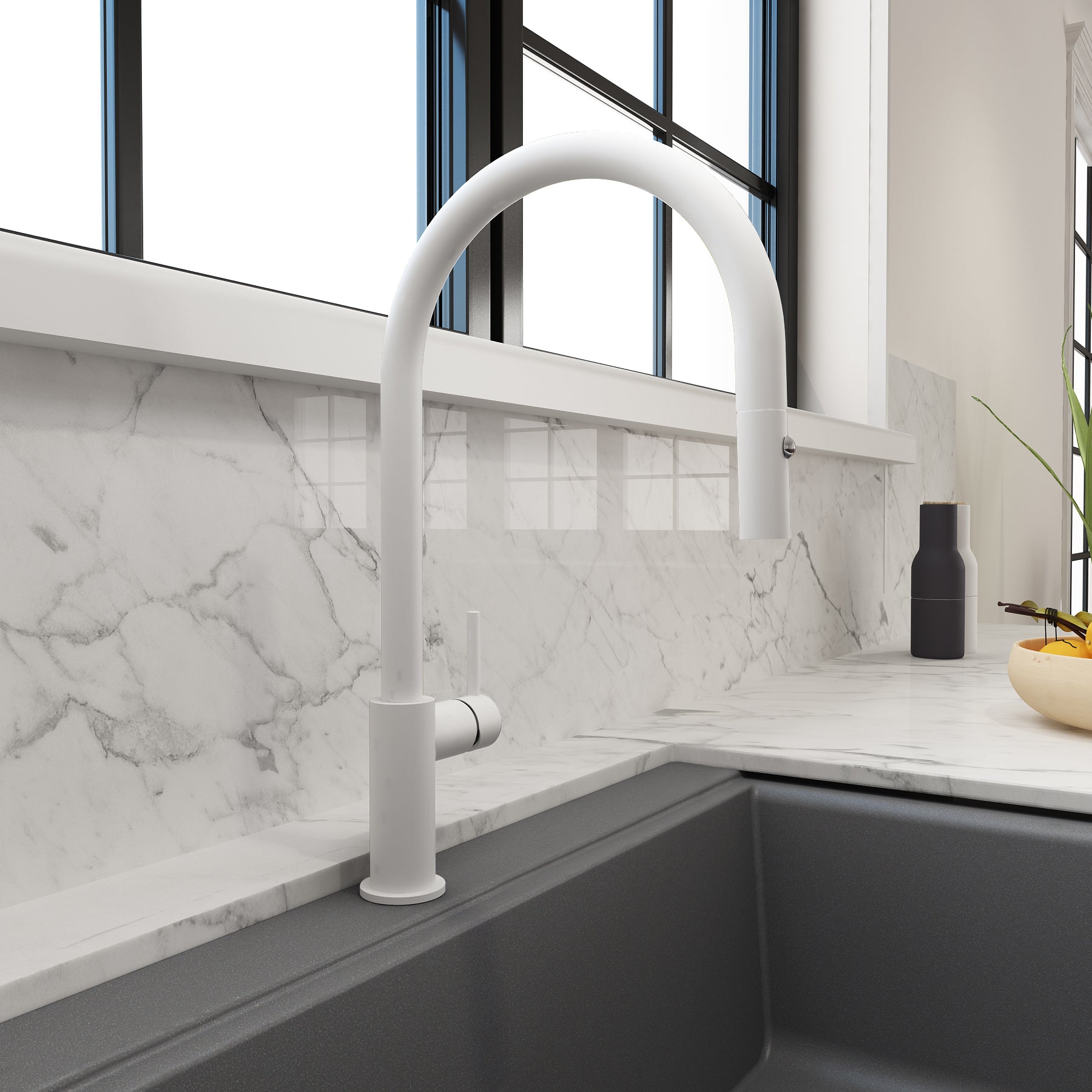 BOCCHI Baveno Duo 1.75 GPM 90 Degree Forward Brass Kitchen Faucet, Matte White, 2028 0001 MW