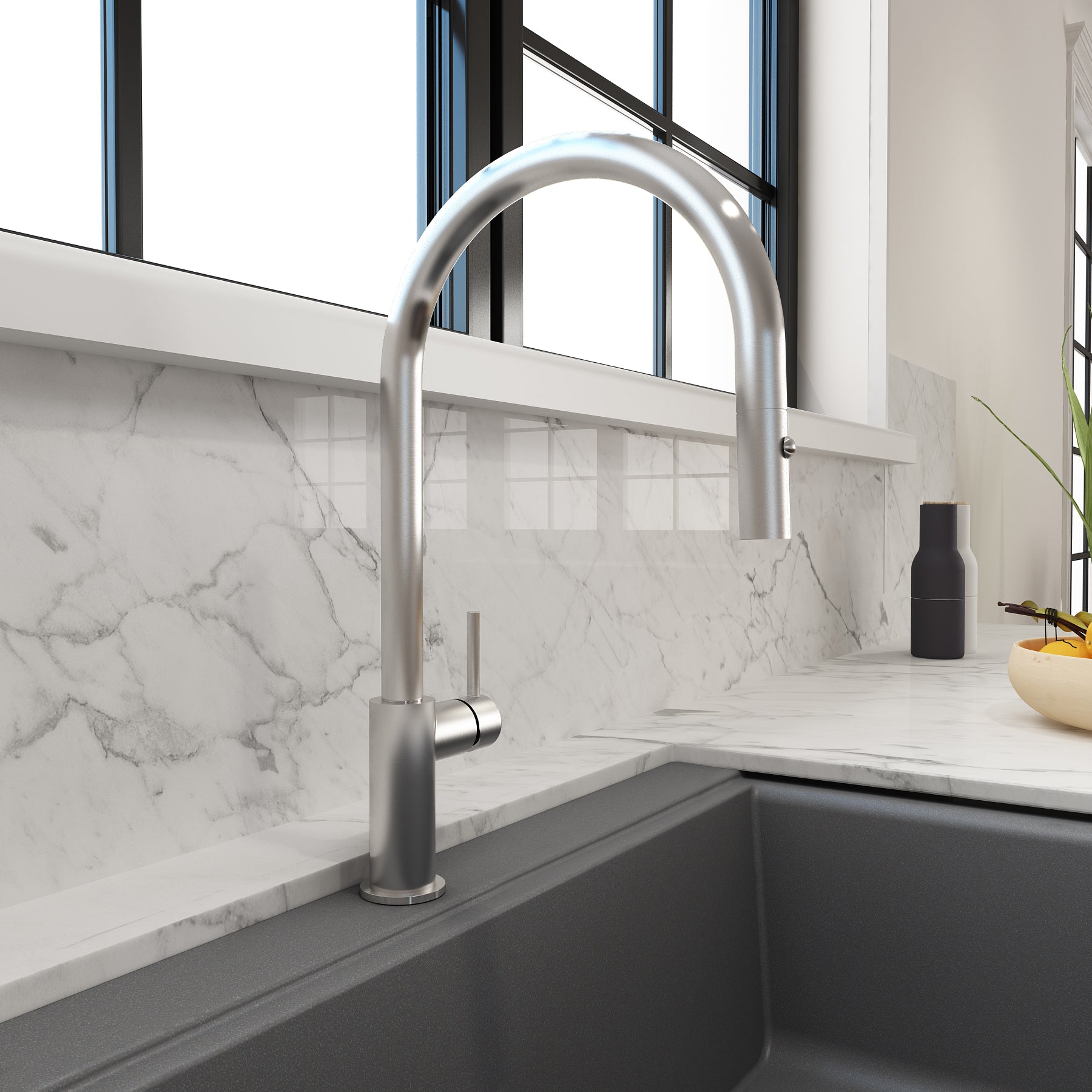 BOCCHI Baveno Duo 1.75 GPM 90 Degree Forward Brass Kitchen Faucet, Stainless Steel, 2028 0001 SS