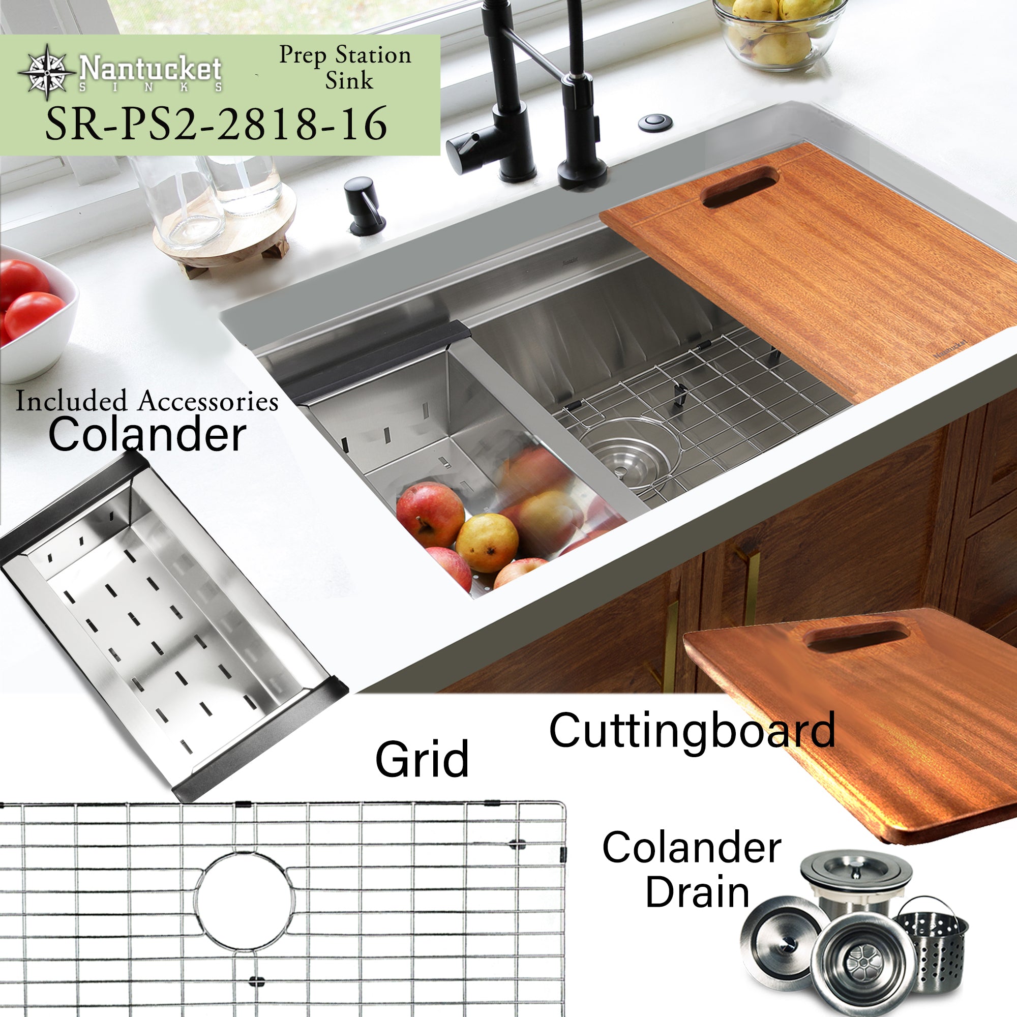 Nantucket Sinks Pro Series 28" Undermount 304 Stainless Steel Kitchen Sink with Accessories, 16 Gauge, SR-PS2-2818-16