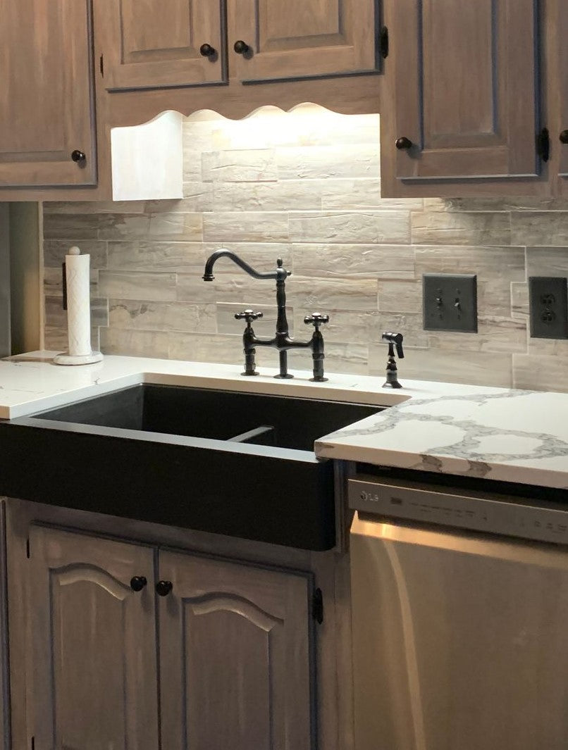 Karran 34" Quartz Composite Retrofit Farmhouse Sink, 50/50 Double Bowl, Black, QAR-750-BL